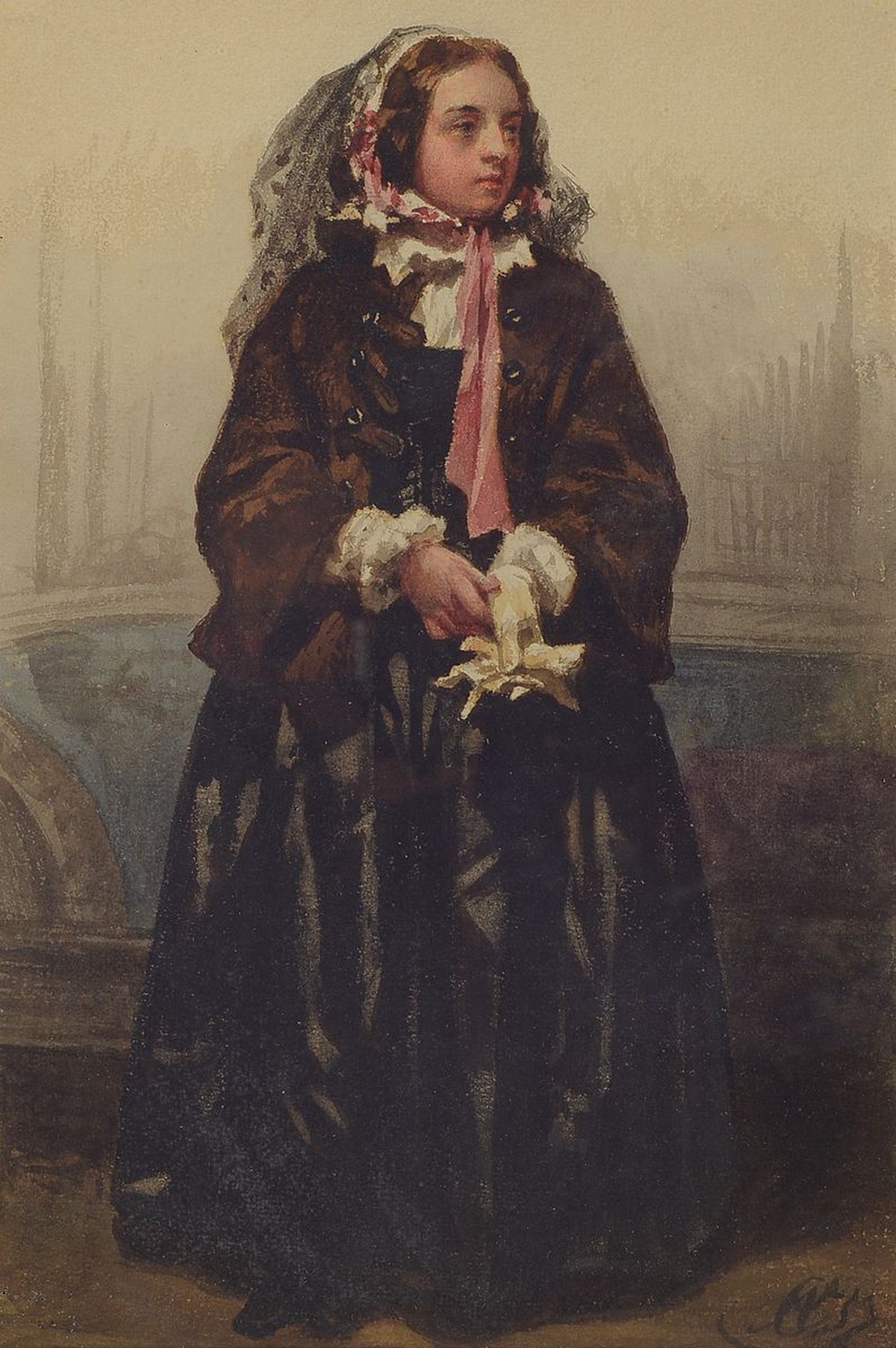 Zuschreibung: Christan Friedrich Arnold, 1823 Dresden-1890, Ganzporträt einer jungen Frau, Aquarell auf Papier, rechts unten Monogr., ca. 33x22cm, ...