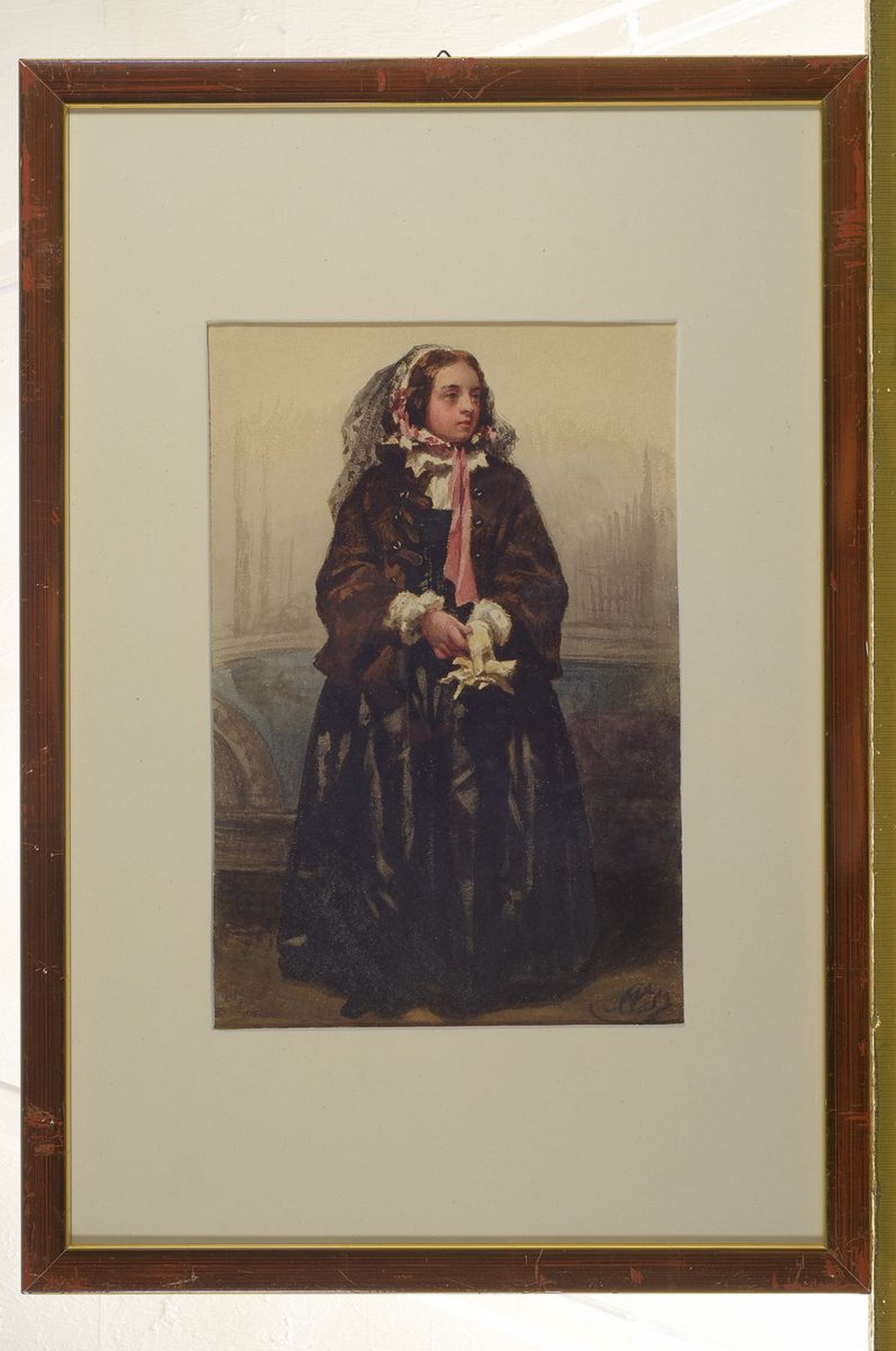 Detail k: Zuschreibung: Christan Friedrich Arnold, 1823 Dresden-1890, Ganzporträt einer jungen Frau, Aquarell auf Papier, rechts unten Monogr., ca. 33x22cm, ...