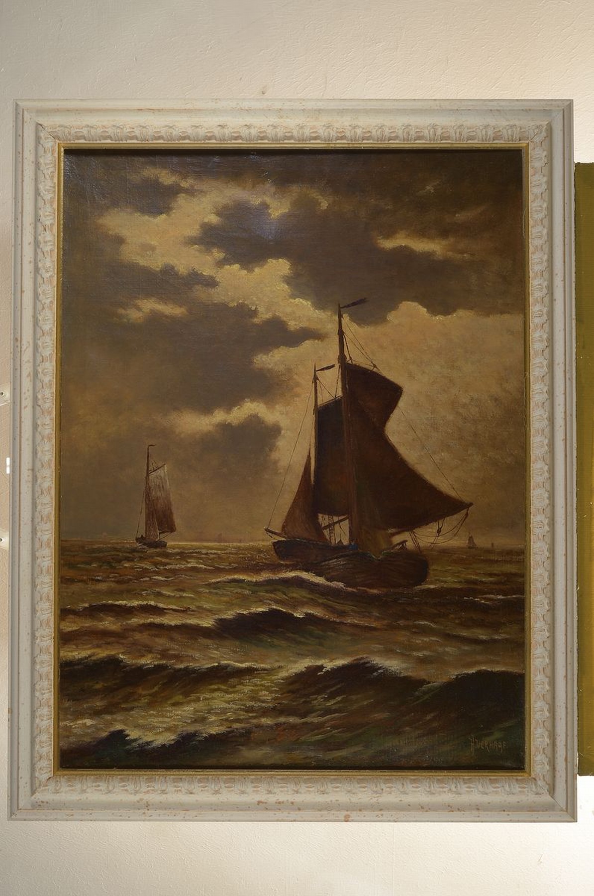 Detail k: Hendrik Verhaaf, 1881-1970, Fischerboote in Meeresbrandung, Öl/Lwd, rechts unten signiert, rückseitig mit persönlicher Widmung von 1944, ca. ...