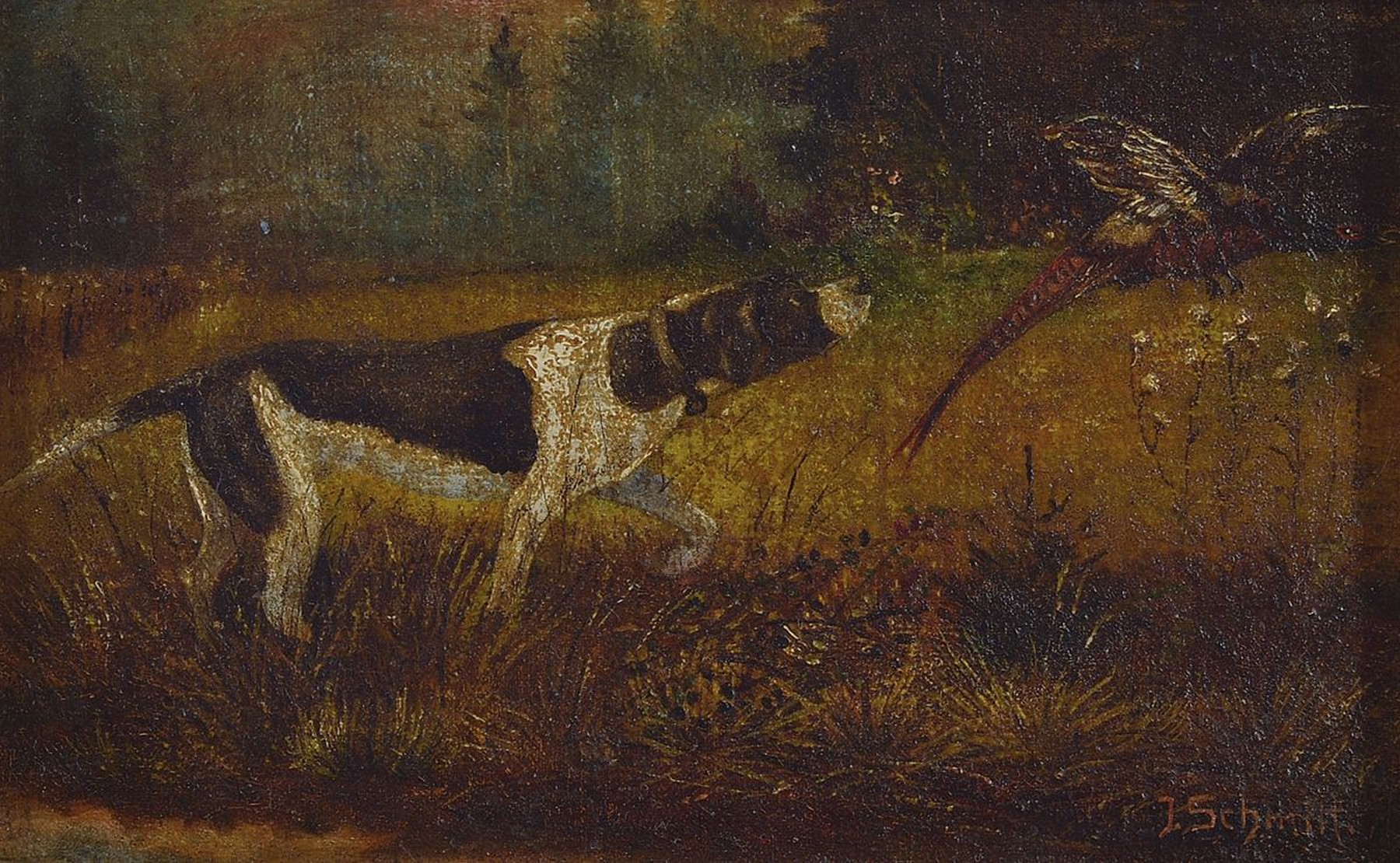 J. Schmitt, Maler des frühen 20. Jh., Jagdhund stellt einen Fasan, Öl/Lwd/Holz, rechts unten signiert, ca. 13.5x21cm, R. ca. 27x34cm