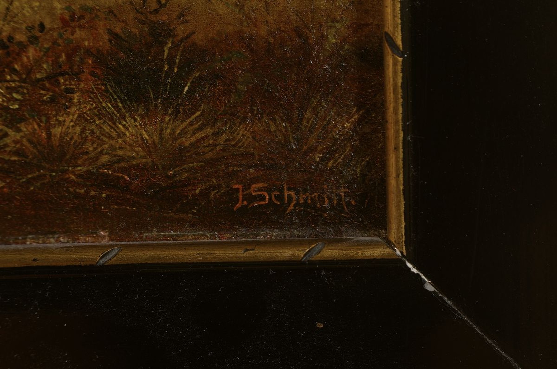 Detail a: J. Schmitt, Maler des frühen 20. Jh., Jagdhund stellt einen Fasan, Öl/Lwd/Holz, rechts unten signiert, ca. 13.5x21cm, R. ca. 27x34cm