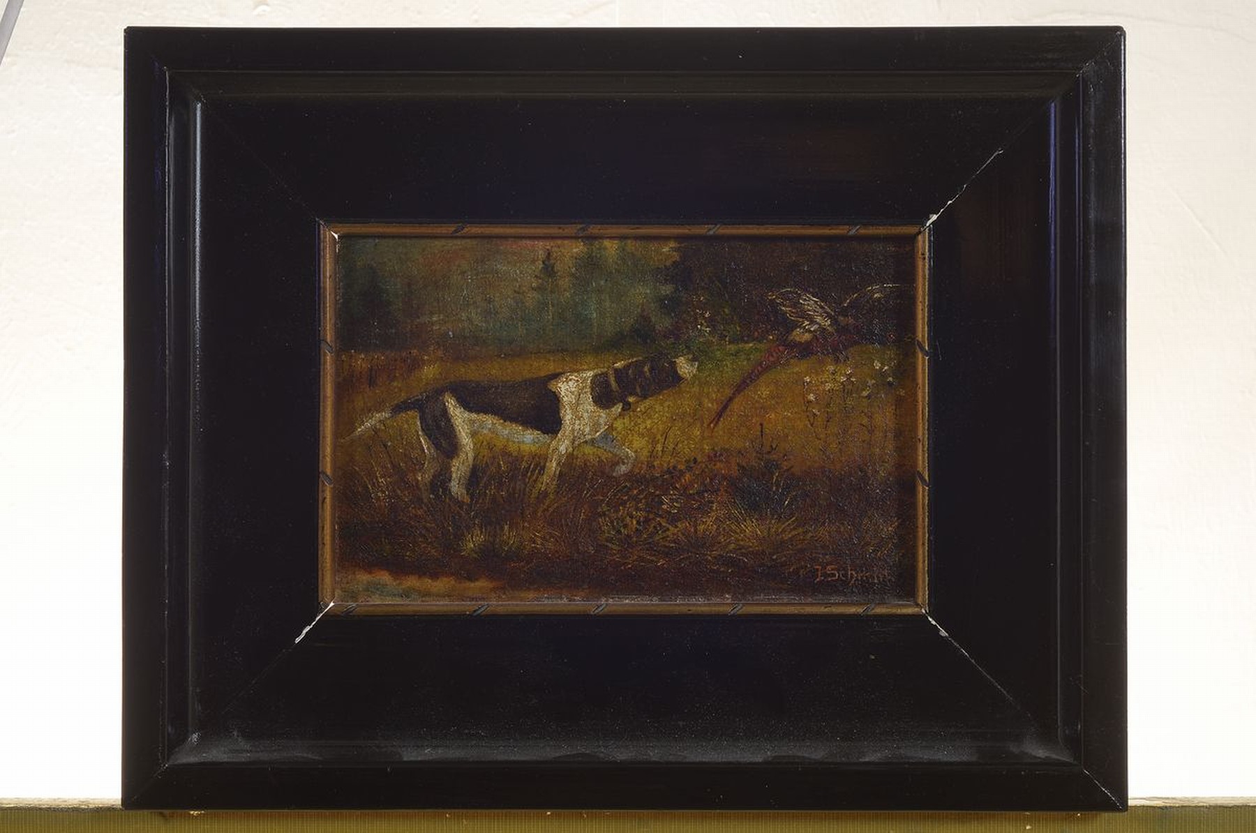 Detail k: J. Schmitt, Maler des frühen 20. Jh., Jagdhund stellt einen Fasan, Öl/Lwd/Holz, rechts unten signiert, ca. 13.5x21cm, R. ca. 27x34cm
