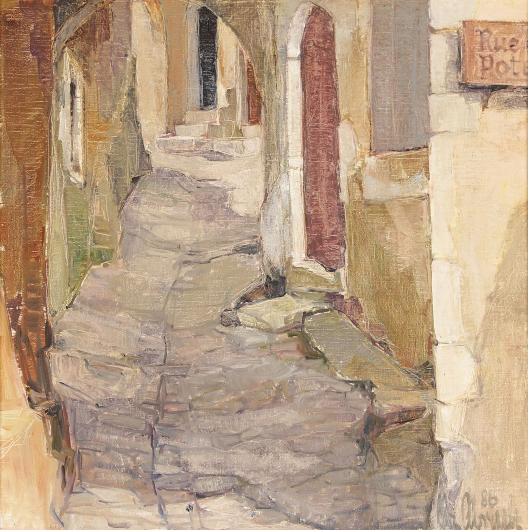 Christel Abresch, 1931 Sulzbach-2011 Neustadt a.d. Weinstr., Straße in St. Moutan Ardeche,Öl/Lwd, rechts unten signiert und dat. 86, ca. 50x50cm, R.