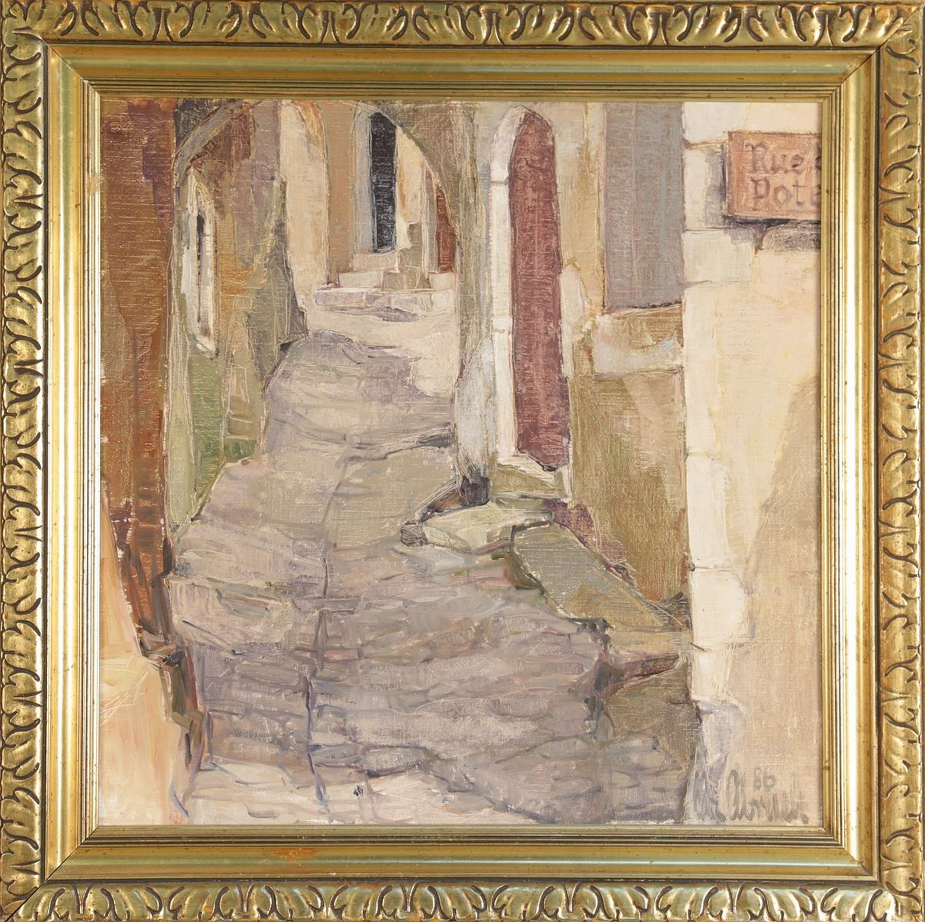 Detail k: Christel Abresch, 1931 Sulzbach-2011 Neustadt a.d. Weinstr., Straße in St. Moutan Ardeche,Öl/Lwd, rechts unten signiert und dat. 86, ca. 50x50cm, R.
