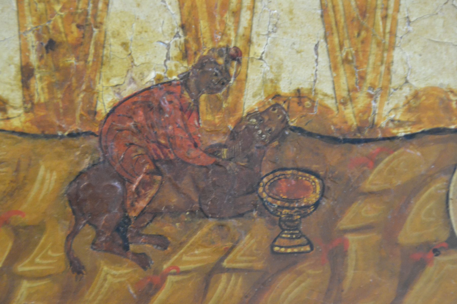 Detail d: Außergewöhnlich große Ikone, Zentralrussland, Mitte 19. Jh., sog. Dreifaltigkeitsikone: Darstellung der drei Engelsboten bei Abraham uSara nach ...