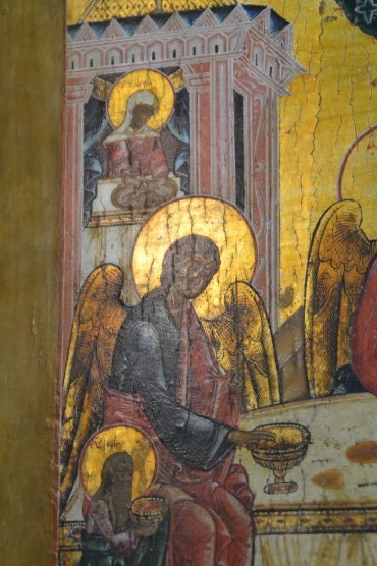 Detail f: Außergewöhnlich große Ikone, Zentralrussland, Mitte 19. Jh., sog. Dreifaltigkeitsikone: Darstellung der drei Engelsboten bei Abraham uSara nach ...