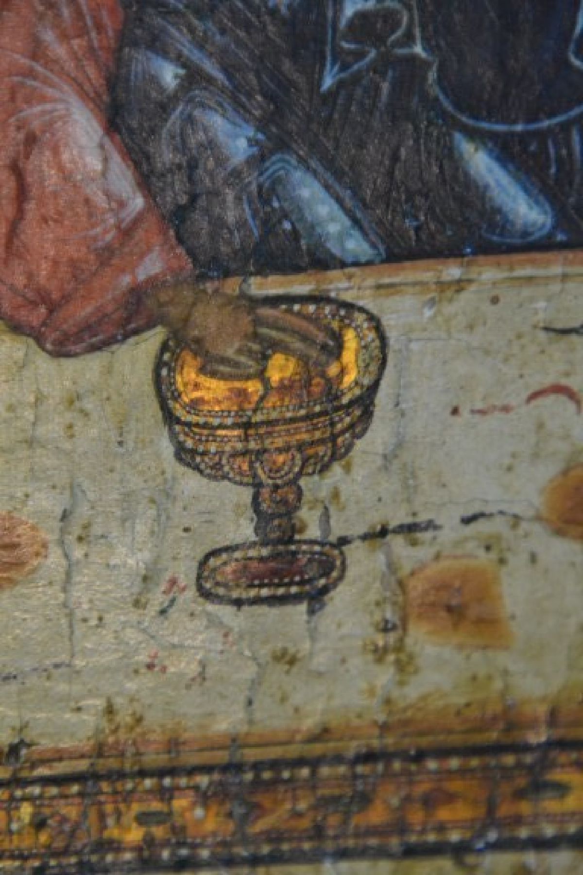 Detail h: Außergewöhnlich große Ikone, Zentralrussland, Mitte 19. Jh., sog. Dreifaltigkeitsikone: Darstellung der drei Engelsboten bei Abraham uSara nach ...