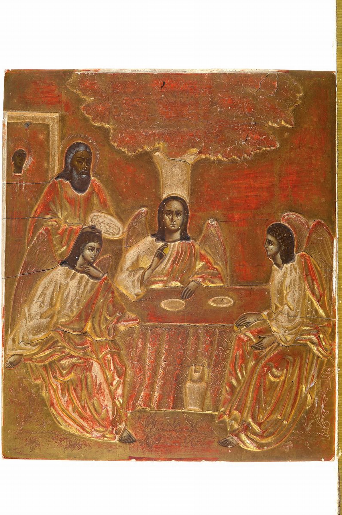 Detail k: Ikone, Russland, 19. Jh., Holz geschnitzt und goldfarben gefasst, Gesichter Tempera, Diedrei Engel bei Abraham nach Gen. 18, 1-33, ca.32x27.5cm