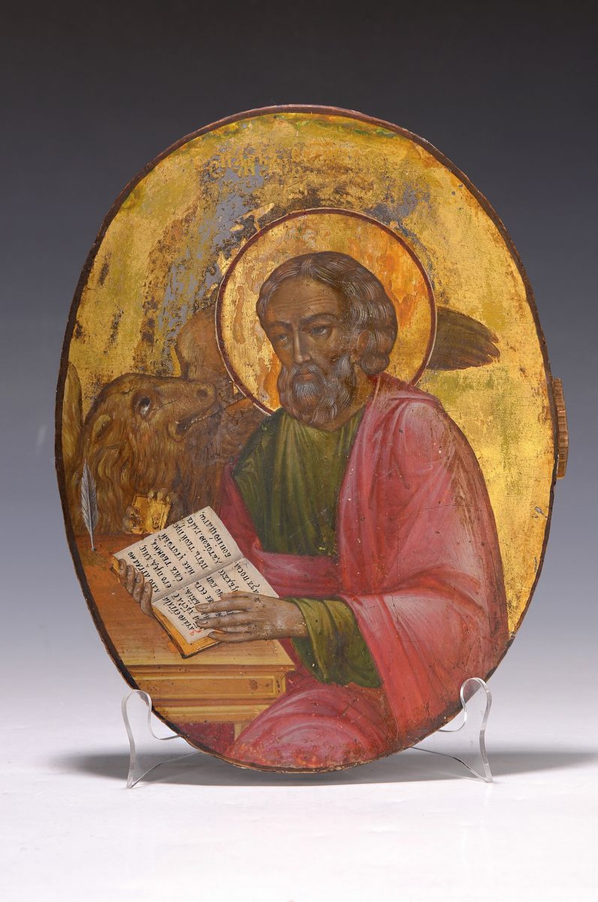 Detail k: Ikone, Russland, um 1900, Der Evangelist Markus, Tempera auf Holz, goldgrundig, im Oval ca. 26.5x21cm