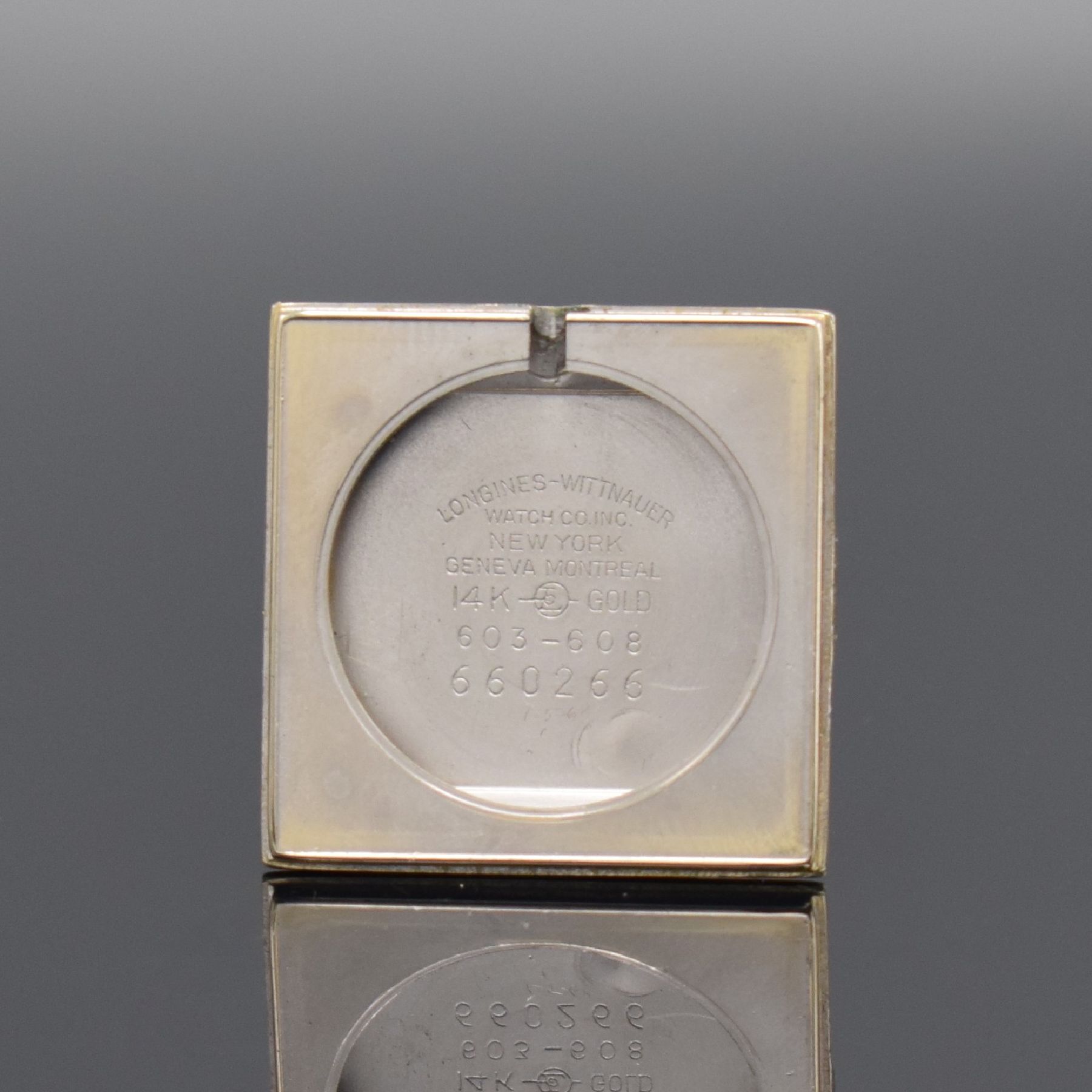 Detail e: LONGINES Cocktailwatch Referenz 603-608, Handaufzug, Schweiz/USA 1960er Jahre, 2-teil. 14k verg. Geh., Boden aufgedr., Lün. wie Zifferbl. m. ...