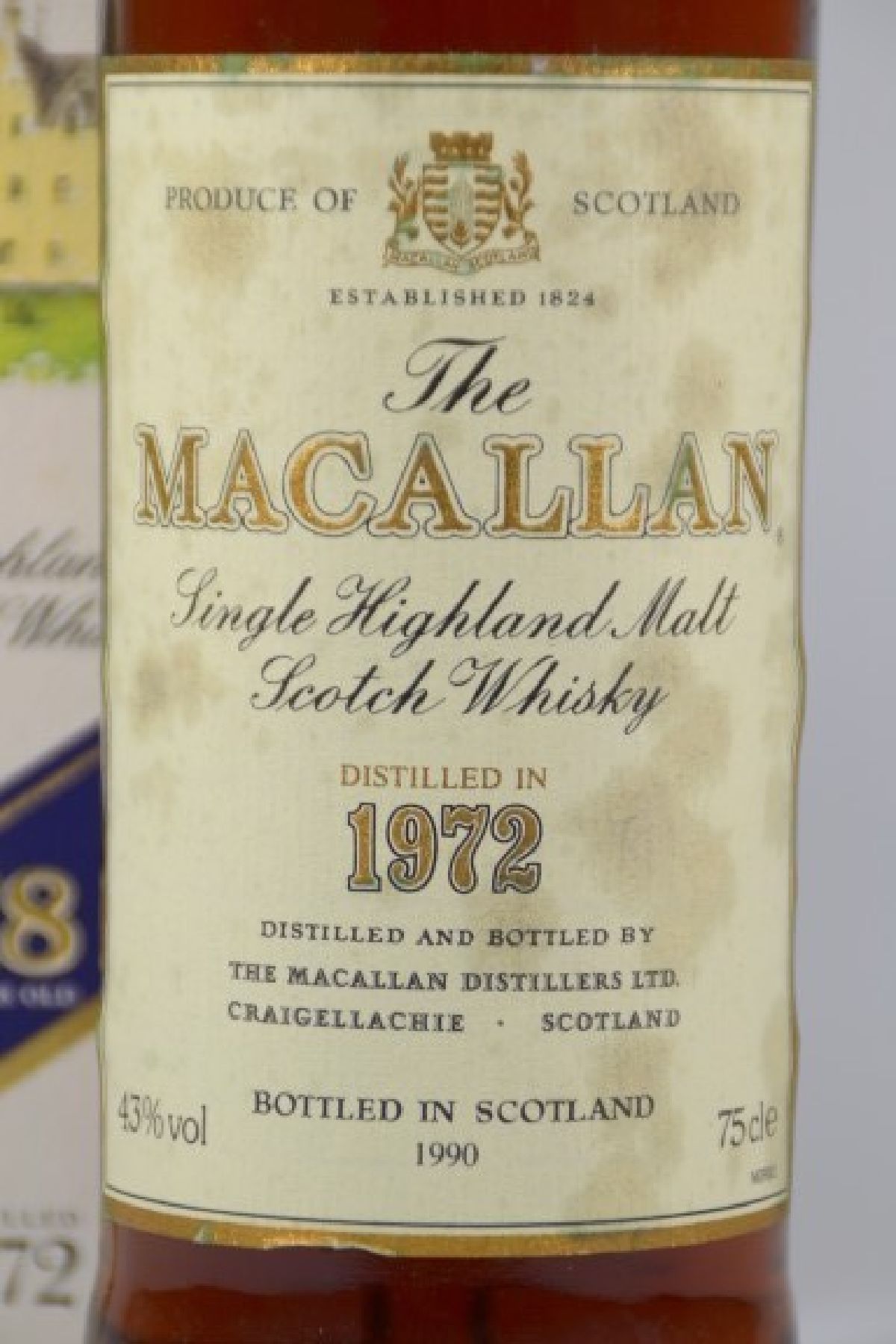 Detail a: 1 Flasche, The Macallan Single Highland Malt Scotch Whisky, 18 years old, destilled in 1972, bottled in 1990, 43% Vol., ca. 750 ml, unverkostet, ...