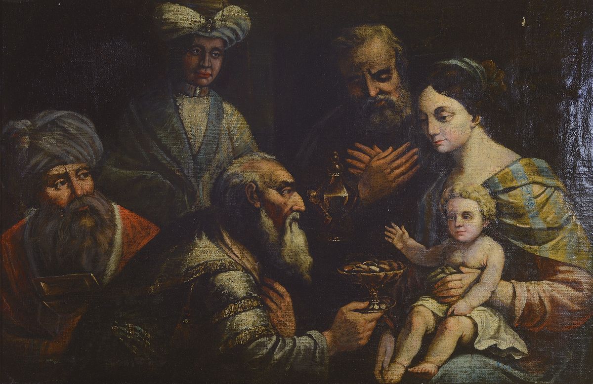 Unbekannter Künstler, um 1700, Mutter Gottes u. die Heiligen Drei Könige mit ihren Gaben, Öl/Lwd, altersbedingt besch., doubliert, ältere ...