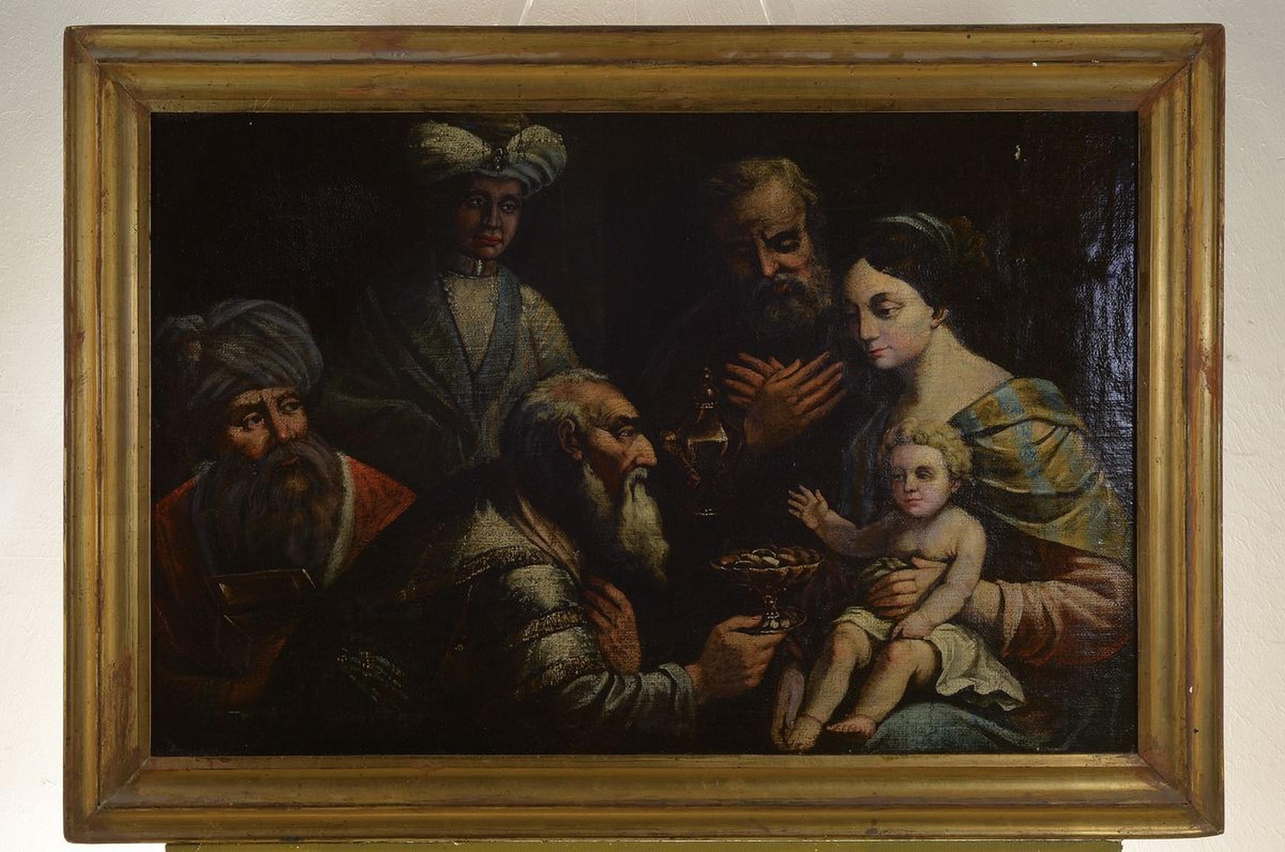 Detail k: Unbekannter Künstler, um 1700, Mutter Gottes u. die Heiligen Drei Könige mit ihren Gaben, Öl/Lwd, altersbedingt besch., doubliert, ältere ...