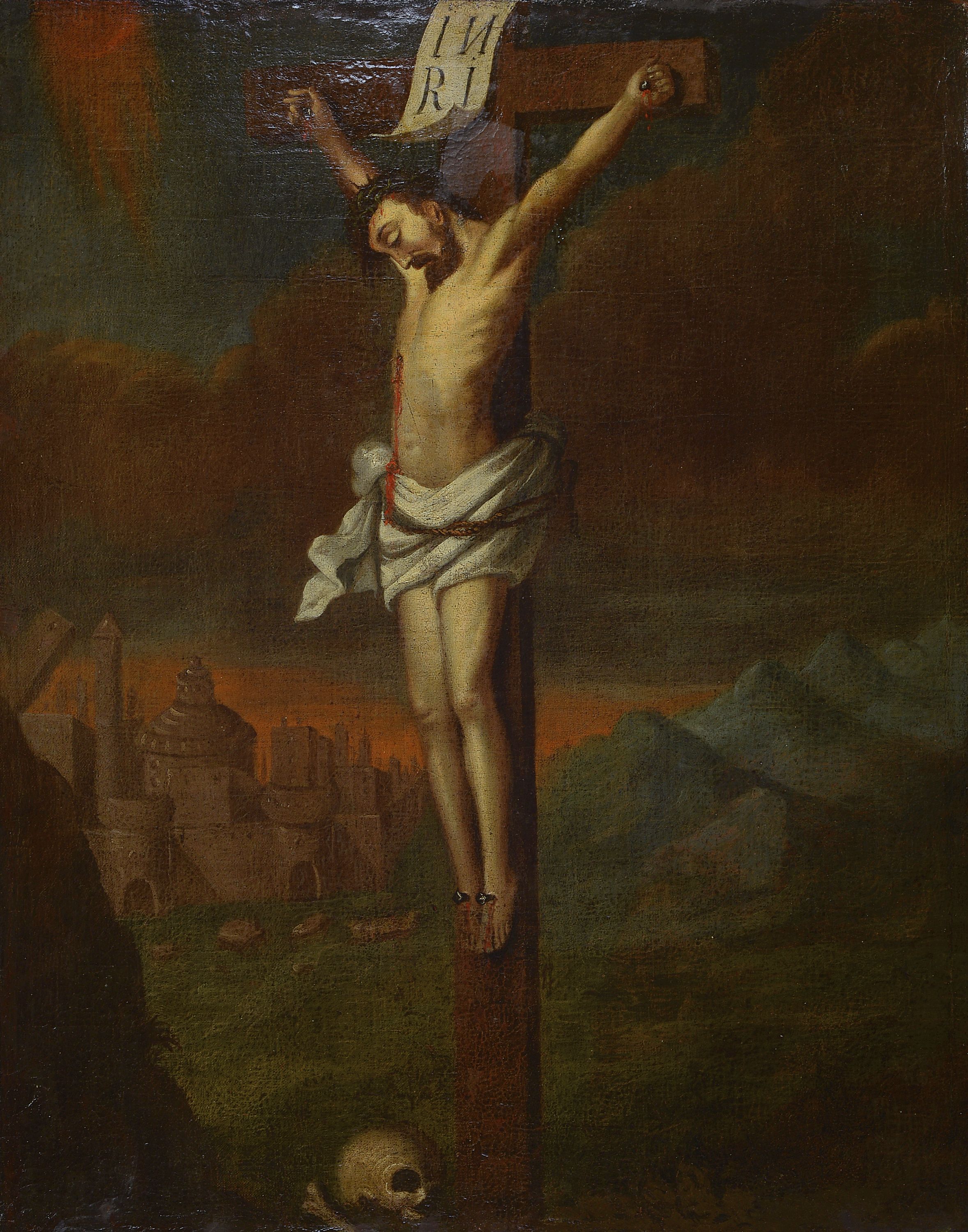 Unbekannter wohl süddeutscher Künstler, Ende 17. Jh., Kreuzigung, Moment des Höhepunkts der Passion des eintretenden Todes Christi, ...