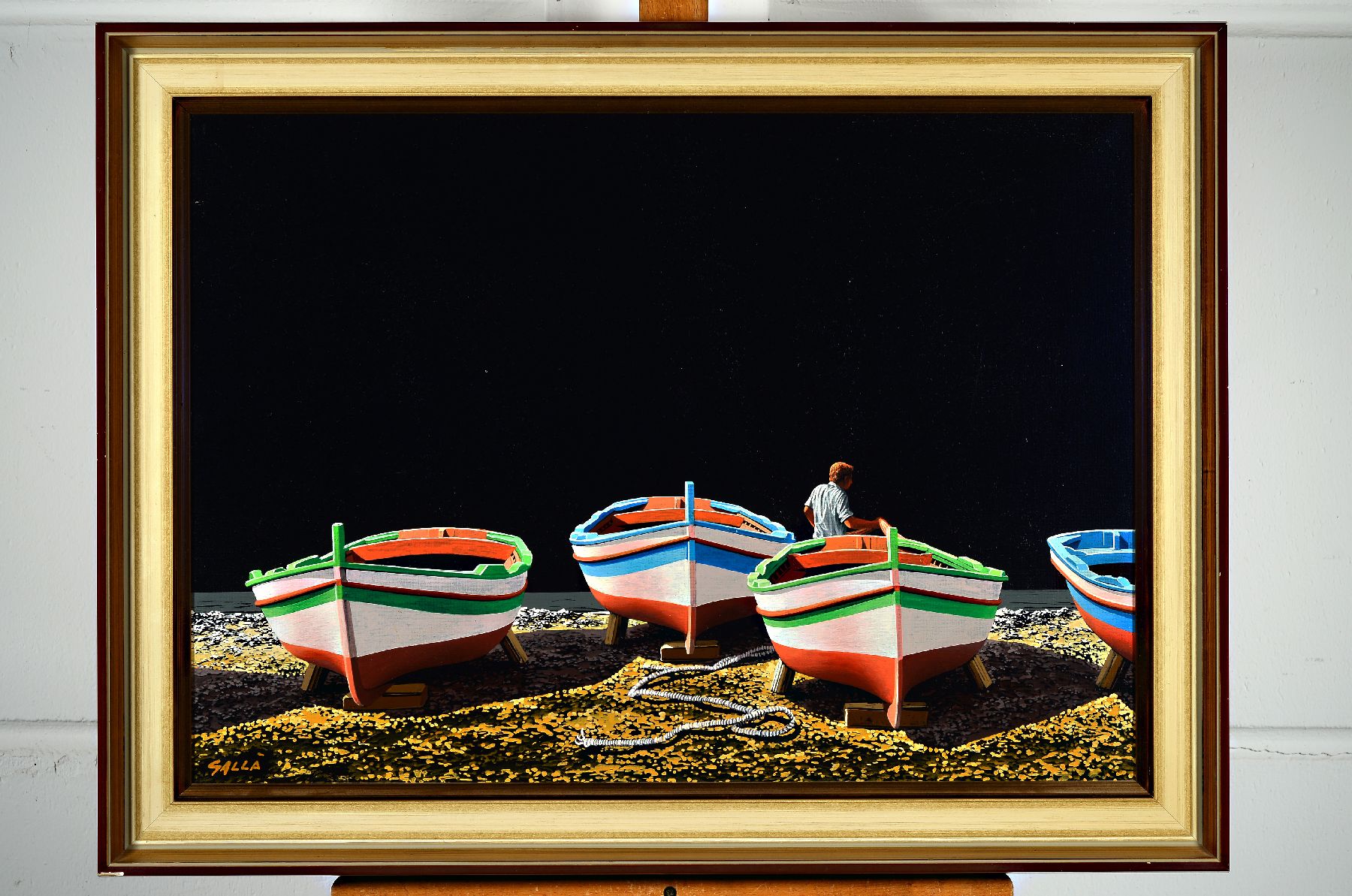 Giuseppe Galla, geb. 1935, italienischer Künstler, Fischer mit vier auf dem Trockenen liegenden Booten, auf monochrom schwarzem Grund, links unten ...