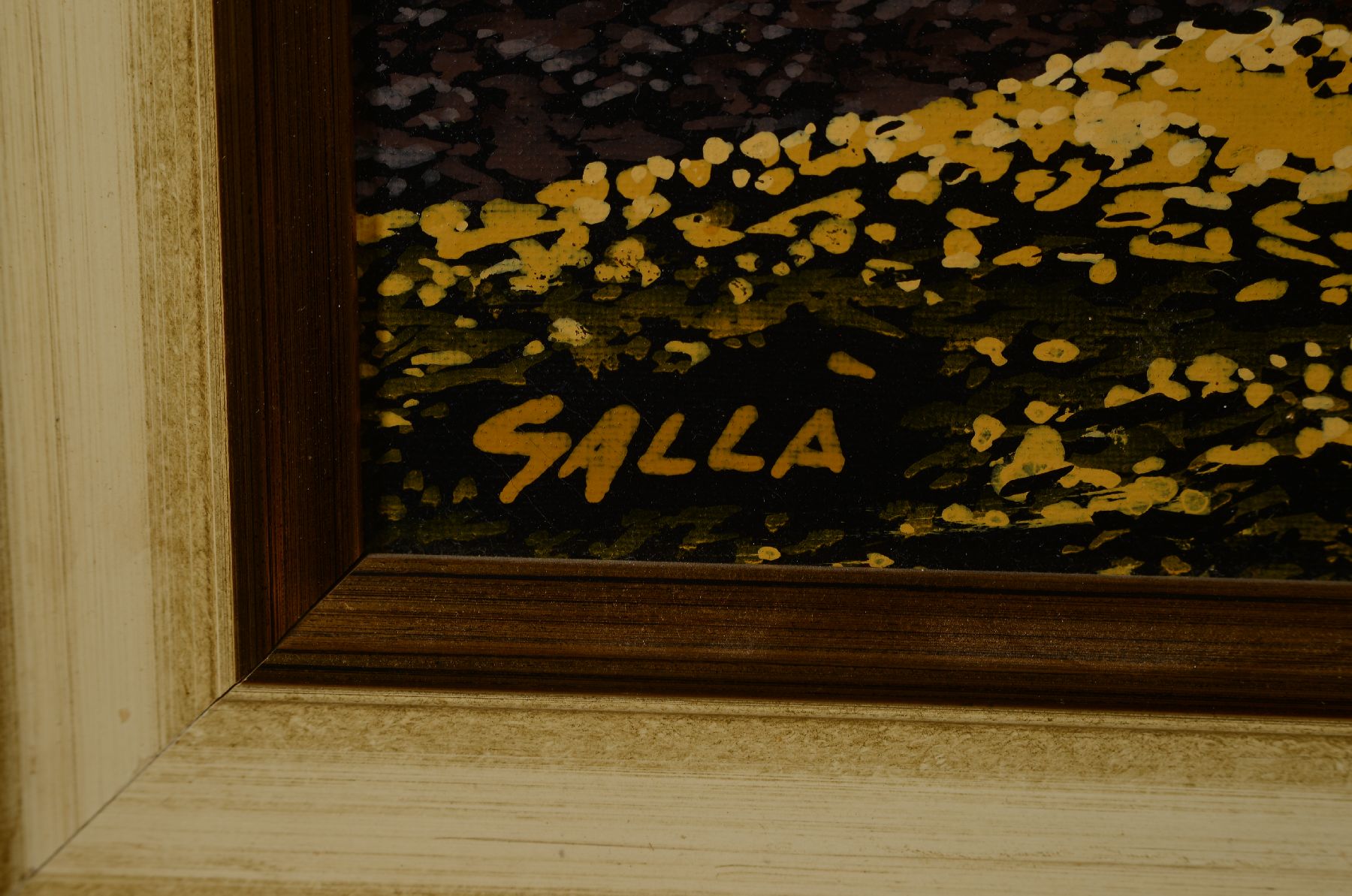 Detail a: Giuseppe Galla, geb. 1935, italienischer Künstler, Fischer mit vier auf dem Trockenen liegenden Booten, auf monochrom schwarzem Grund, links unten ...