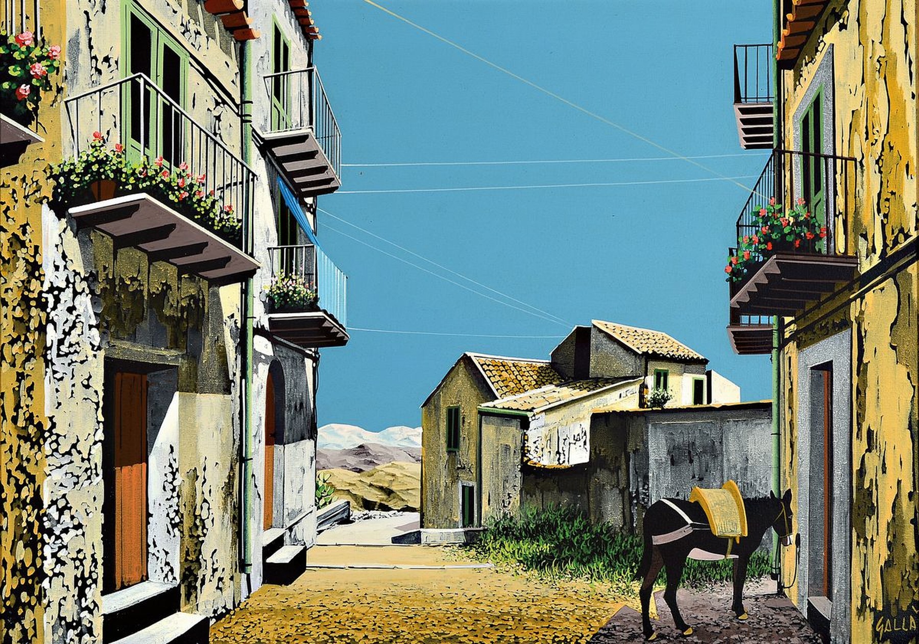 Giuseppe Galla, geb. 1935, italienischer Künstler, Ansicht eines wohl italienischen Dorfes, aus der Farbfläche herausgearbeitet, rechts unten ...