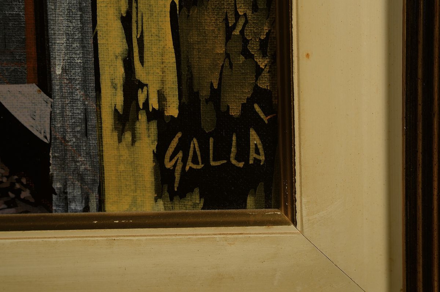 Detail a: Giuseppe Galla, geb. 1935, italienischer Künstler, Ansicht eines wohl italienischen Dorfes, aus der Farbfläche herausgearbeitet, rechts unten ...