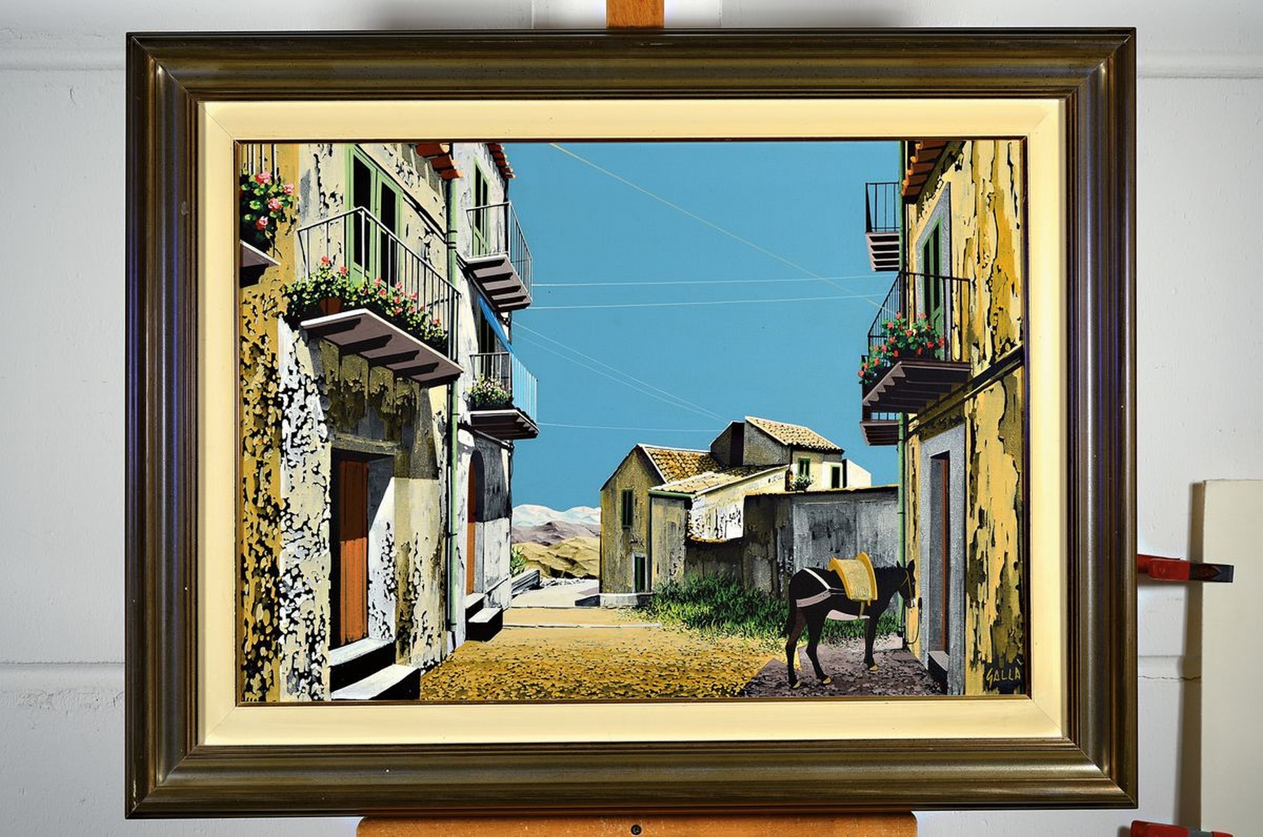 Detail k: Giuseppe Galla, geb. 1935, italienischer Künstler, Ansicht eines wohl italienischen Dorfes, aus der Farbfläche herausgearbeitet, rechts unten ...