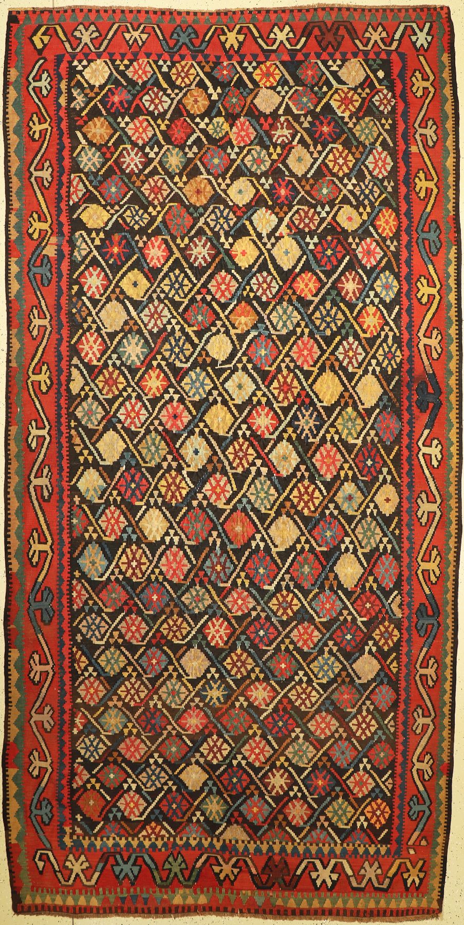 Antiker Karabagh Kelim, Kaukasus, 19. Jhd, Wolle auf Wolle, ca. 405 x 201 cm, EHZ: 2, (Fleckig)