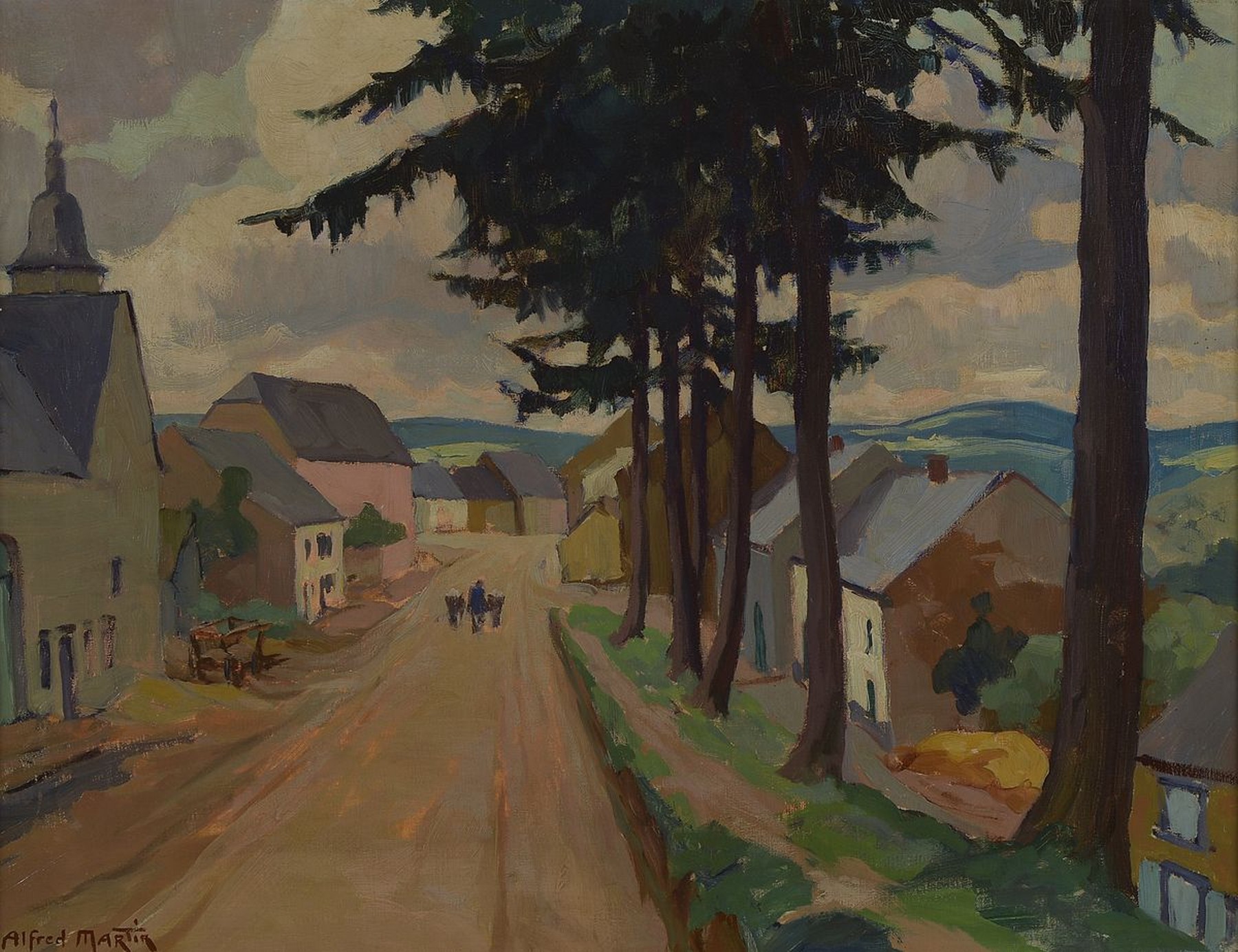 Alfred Martin, 1888 - 1950, Straßenansicht in Mittelgebirgslandschaft, Öl/Lwd, li. unten signiert, ca. 50 x 65 cm, leichte Altersspuren, Rahmen, ...
