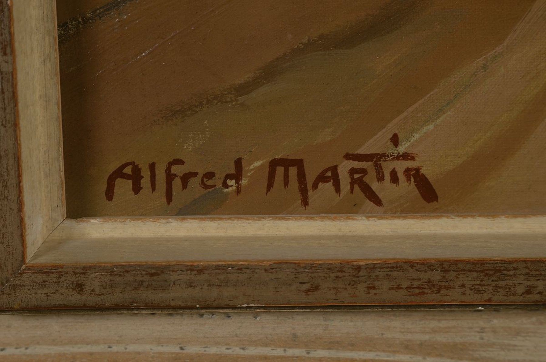 Detail a: Alfred Martin, 1888 - 1950, Straßenansicht in Mittelgebirgslandschaft, Öl/Lwd, li. unten signiert, ca. 50 x 65 cm, leichte Altersspuren, Rahmen, ...