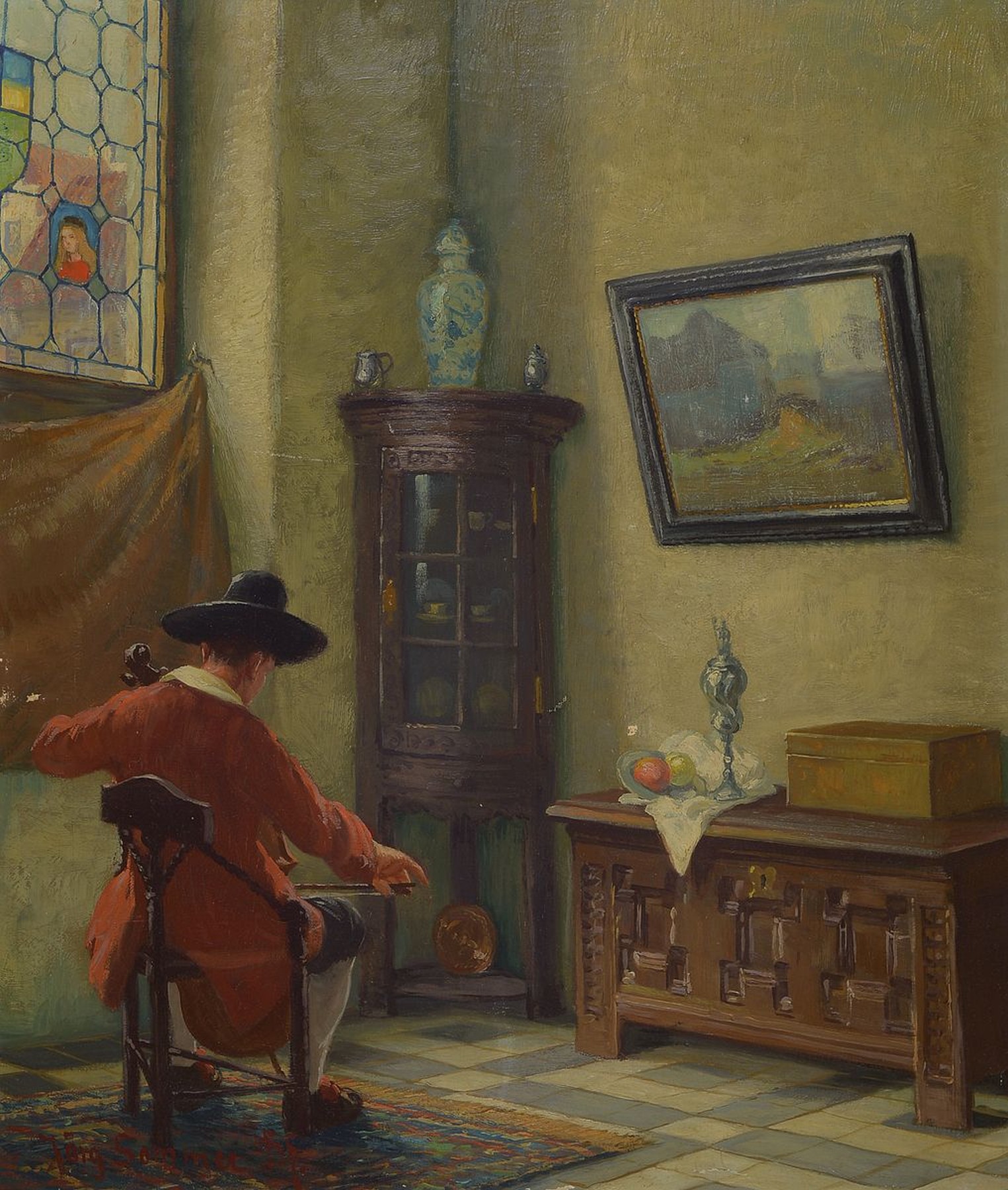 Jörg Sommer, geb. 1881 Neuss, Studium an der Düsseldorfer Akademie, Musikant in frühbarocker Stube, detailreiches Interieur, genaue Schilderung ...