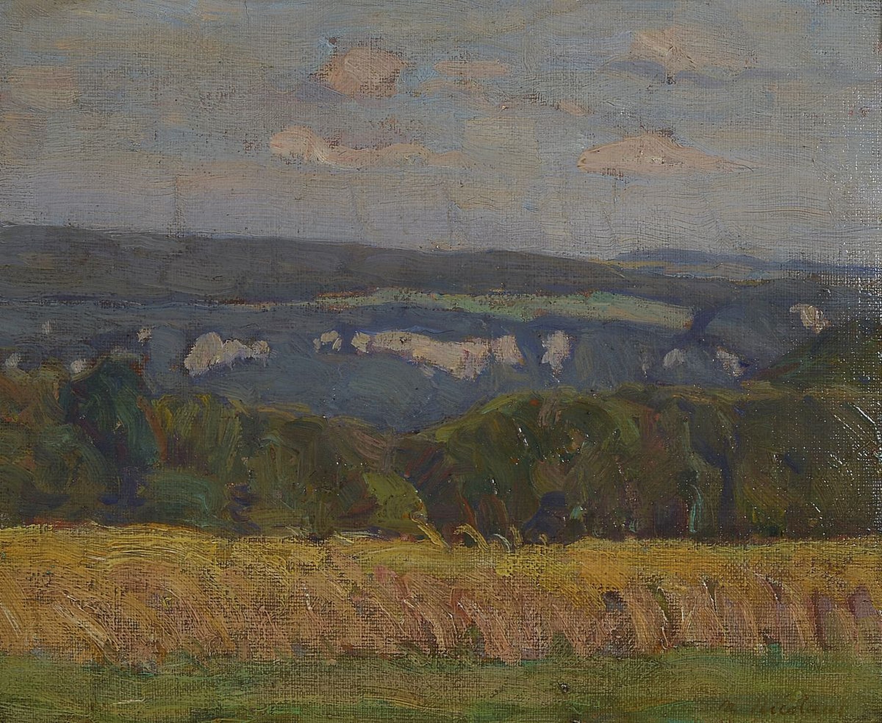 Martin Nicolaus, 1870 - 1945, sommerliche Landschaft wohl auf der schwäbischen Alb, rechts unten signiert, Öl/Lwd/Holz, rest., R. ca. 31x38 / 45x53 ...