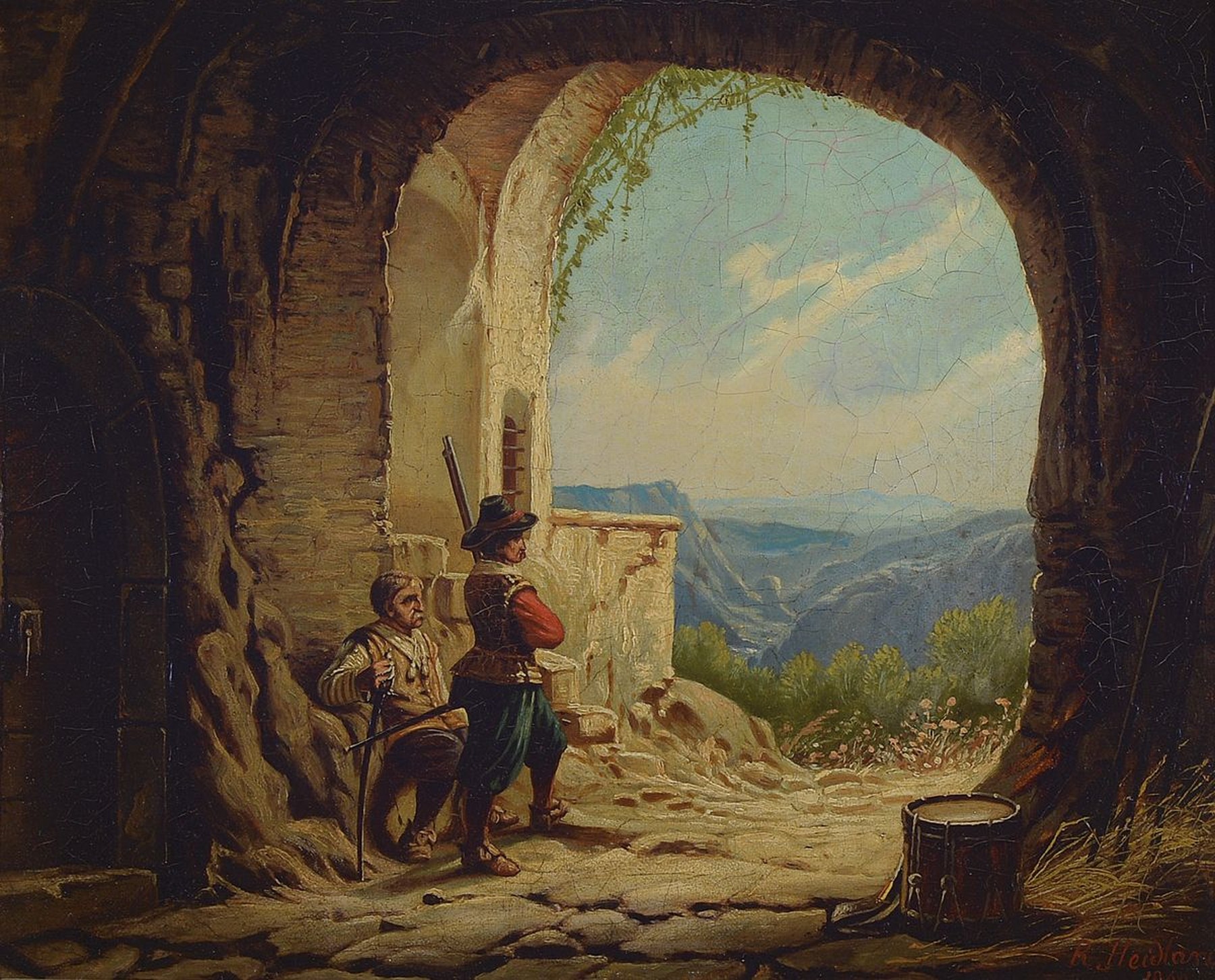 R. Heidland, Künstler des 19.Jh., zwei wachende Söldner bzw. Landsknechte, Rundbogen des Höhleneingangs gibt den Blick auf eine verblauende ...
