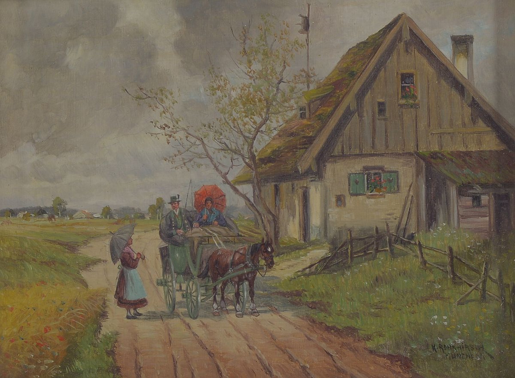 Karl Rohrhirsch, 1875 München - 1954 Greding, Mittelfranken, Münchner Maler, wohl autodidaktische Ausbildung; ländlich -idyllische Szene mit ...