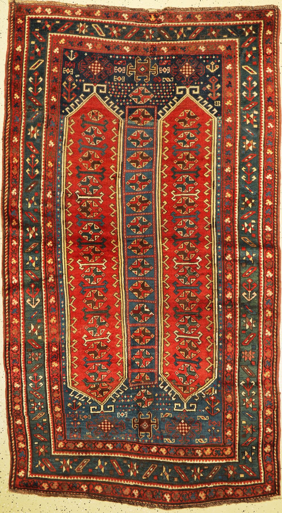 Antiker Kolonnen Kazak, Kaukasus, 19. Jhd, Wolle auf Wolle, ca. 228 x 130 cm, EHZ: 3