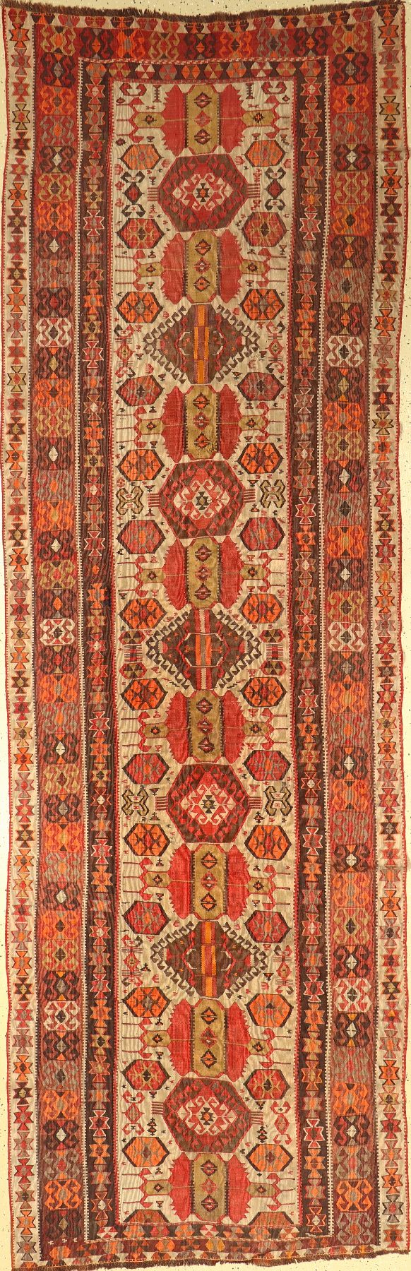 Antiker Erzurum Kelim, Türkei, um 1900, Wolle auf Wolle, ca. 378 x 120 cm, EHZ: 2-3