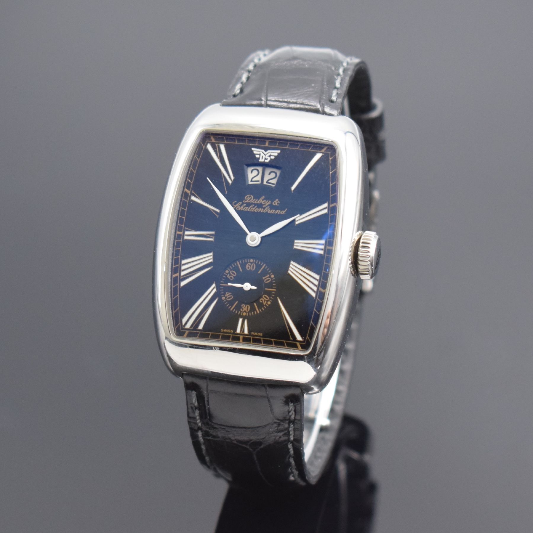 DUBEY & SCHALDENBRAND Aerodyn Date Herrenarmbanduhr in Stahl, Schweiz um 2000, Automatik, Boden 7-fach verschr., orig. Lederband m. Faltschl., ...