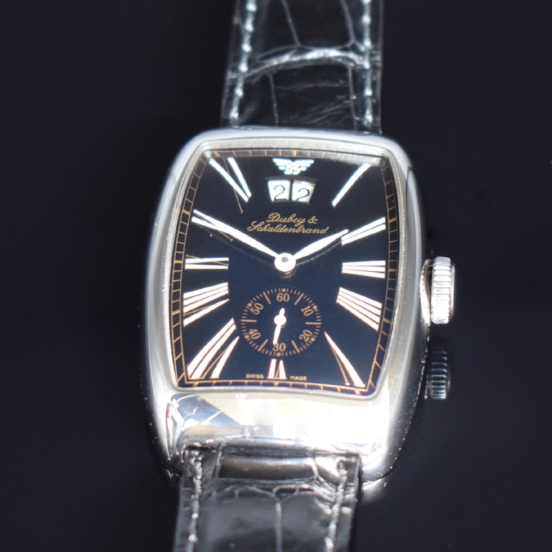 Detail b: DUBEY & SCHALDENBRAND Aerodyn Date Herrenarmbanduhr in Stahl, Schweiz um 2000, Automatik, Boden 7-fach verschr., orig. Lederband m. Faltschl., ...