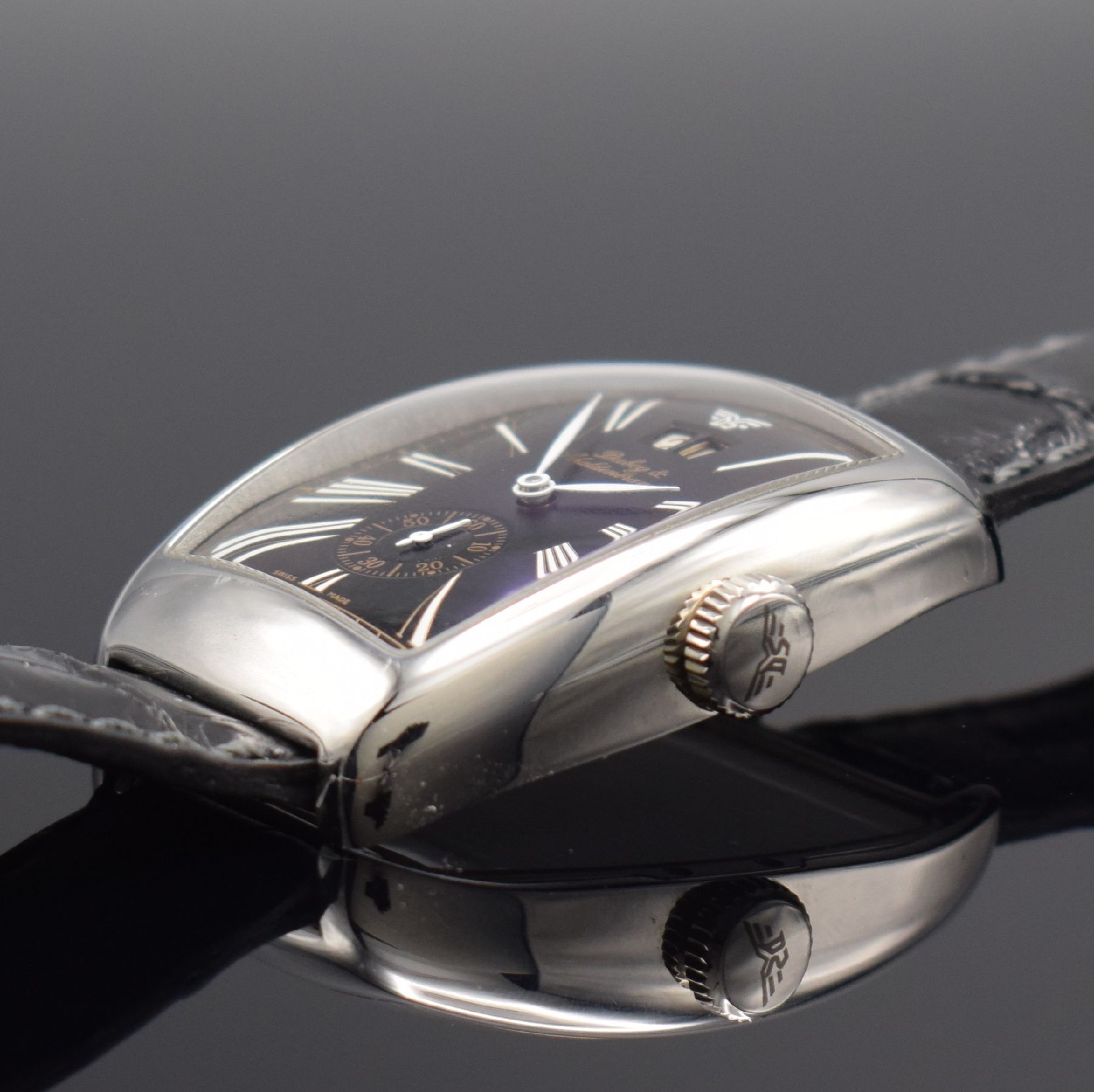 Detail d: DUBEY & SCHALDENBRAND Aerodyn Date Herrenarmbanduhr in Stahl, Schweiz um 2000, Automatik, Boden 7-fach verschr., orig. Lederband m. Faltschl., ...