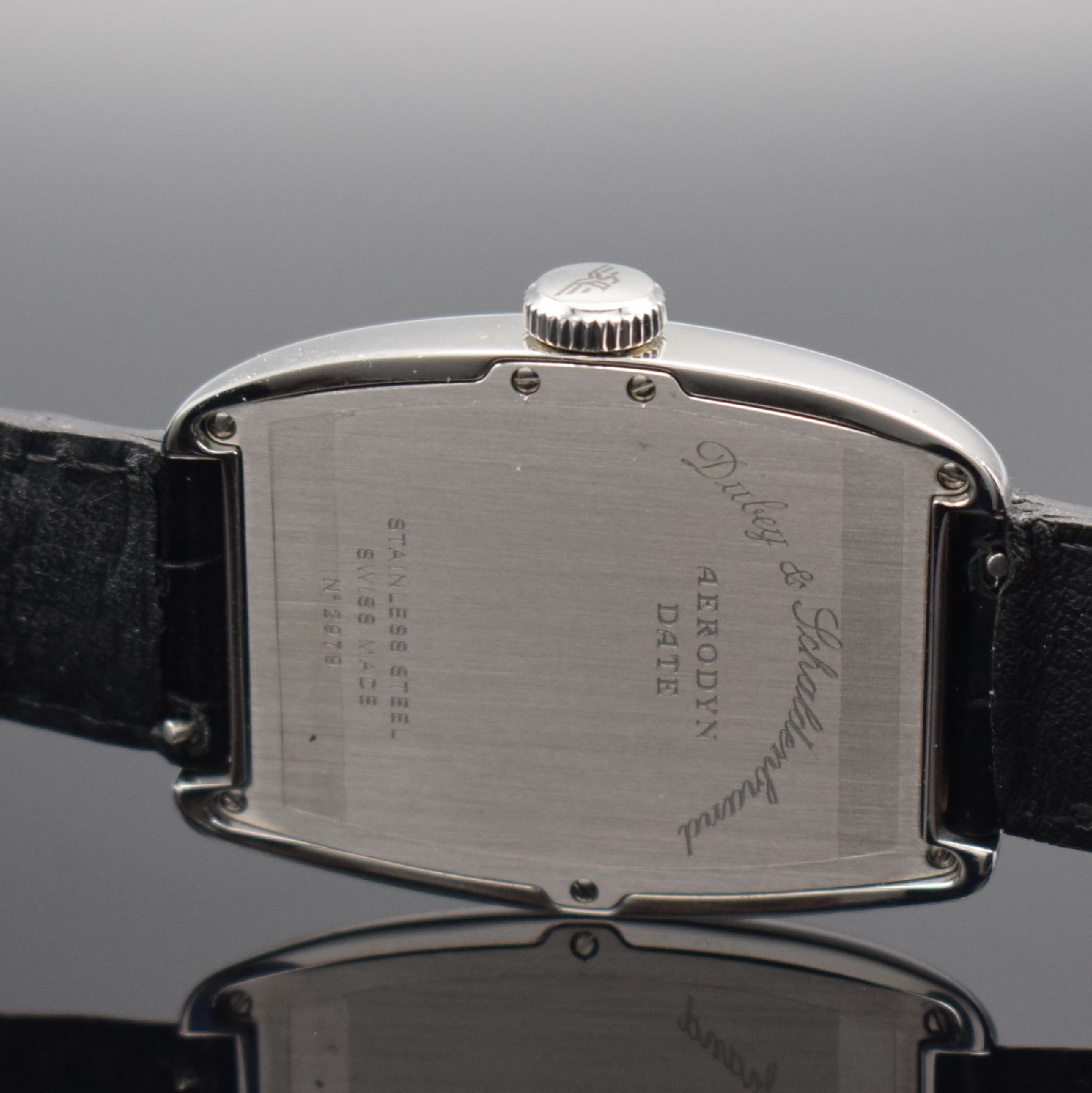 Detail e: DUBEY & SCHALDENBRAND Aerodyn Date Herrenarmbanduhr in Stahl, Schweiz um 2000, Automatik, Boden 7-fach verschr., orig. Lederband m. Faltschl., ...