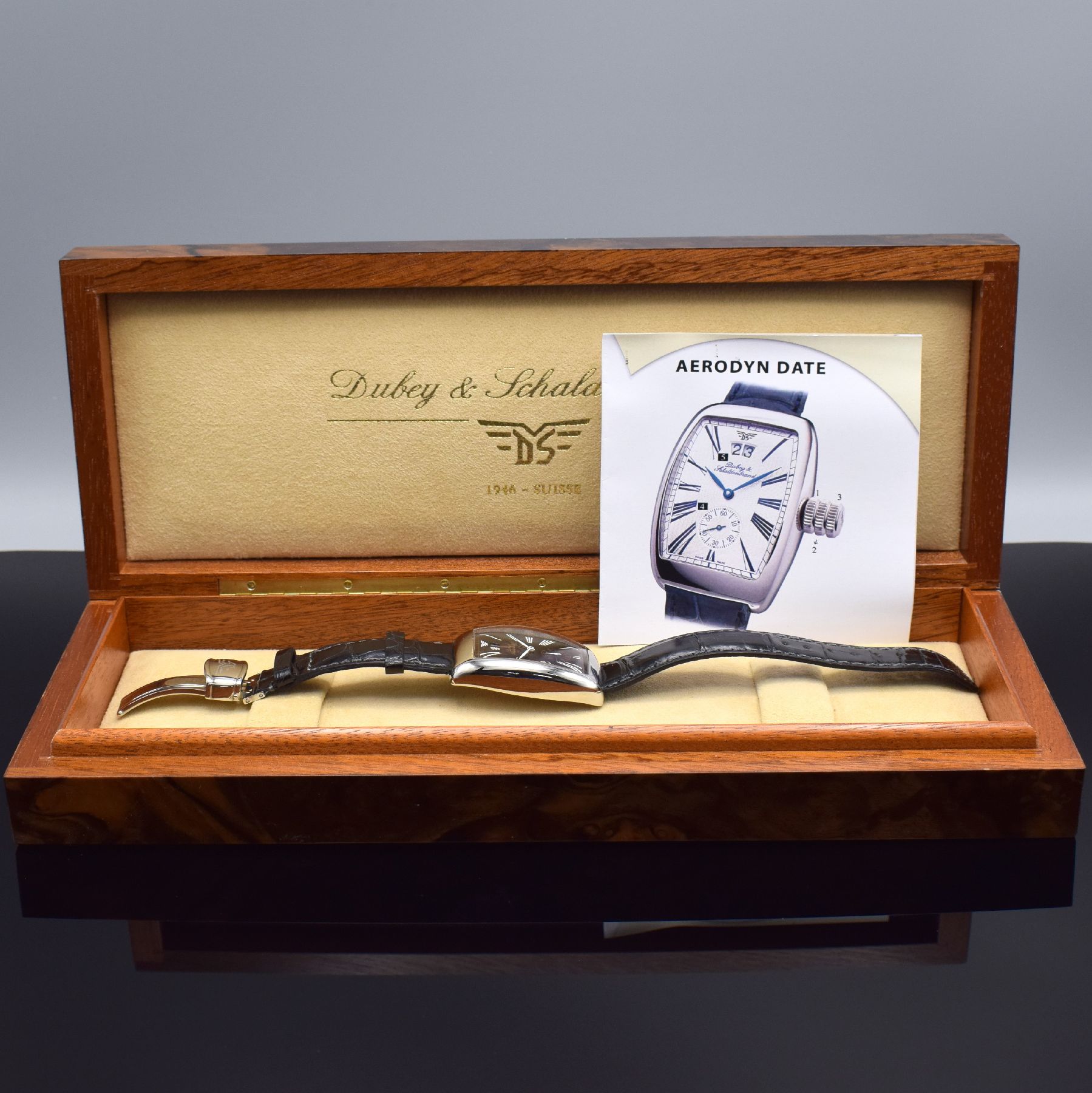 Detail f: DUBEY & SCHALDENBRAND Aerodyn Date Herrenarmbanduhr in Stahl, Schweiz um 2000, Automatik, Boden 7-fach verschr., orig. Lederband m. Faltschl., ...