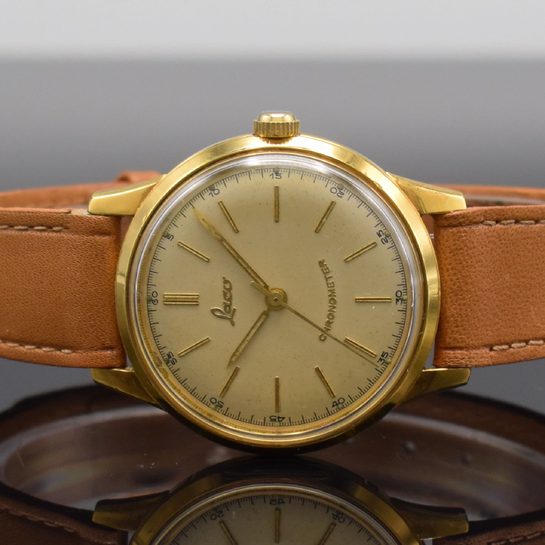 Detail a: LACO Chronometer Herrenarmbanduhr mit Kaliber Durowe 630, Handaufzug, Deutschland Anfang 1960er Jahre, Metall verg., Edelstahlboden verschr., orig. ...