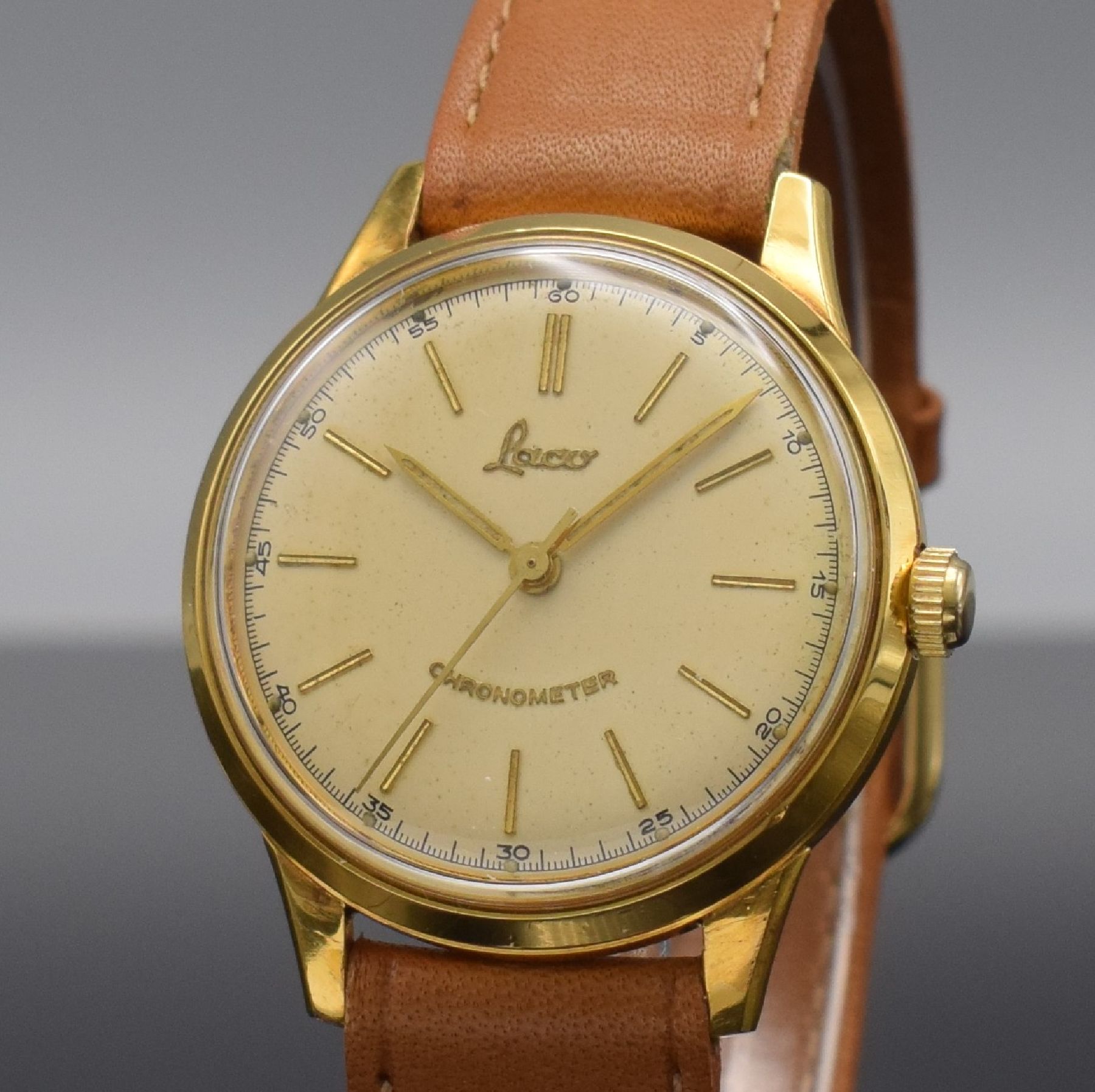 Detail c: LACO Chronometer Herrenarmbanduhr mit Kaliber Durowe 630, Handaufzug, Deutschland Anfang 1960er Jahre, Metall verg., Edelstahlboden verschr., orig. ...