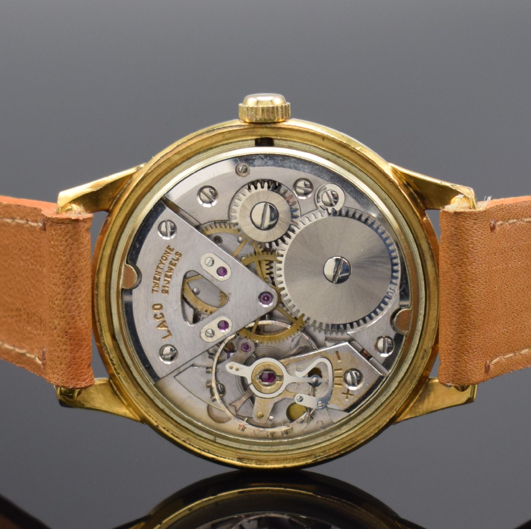 Detail e: LACO Chronometer Herrenarmbanduhr mit Kaliber Durowe 630, Handaufzug, Deutschland Anfang 1960er Jahre, Metall verg., Edelstahlboden verschr., orig. ...