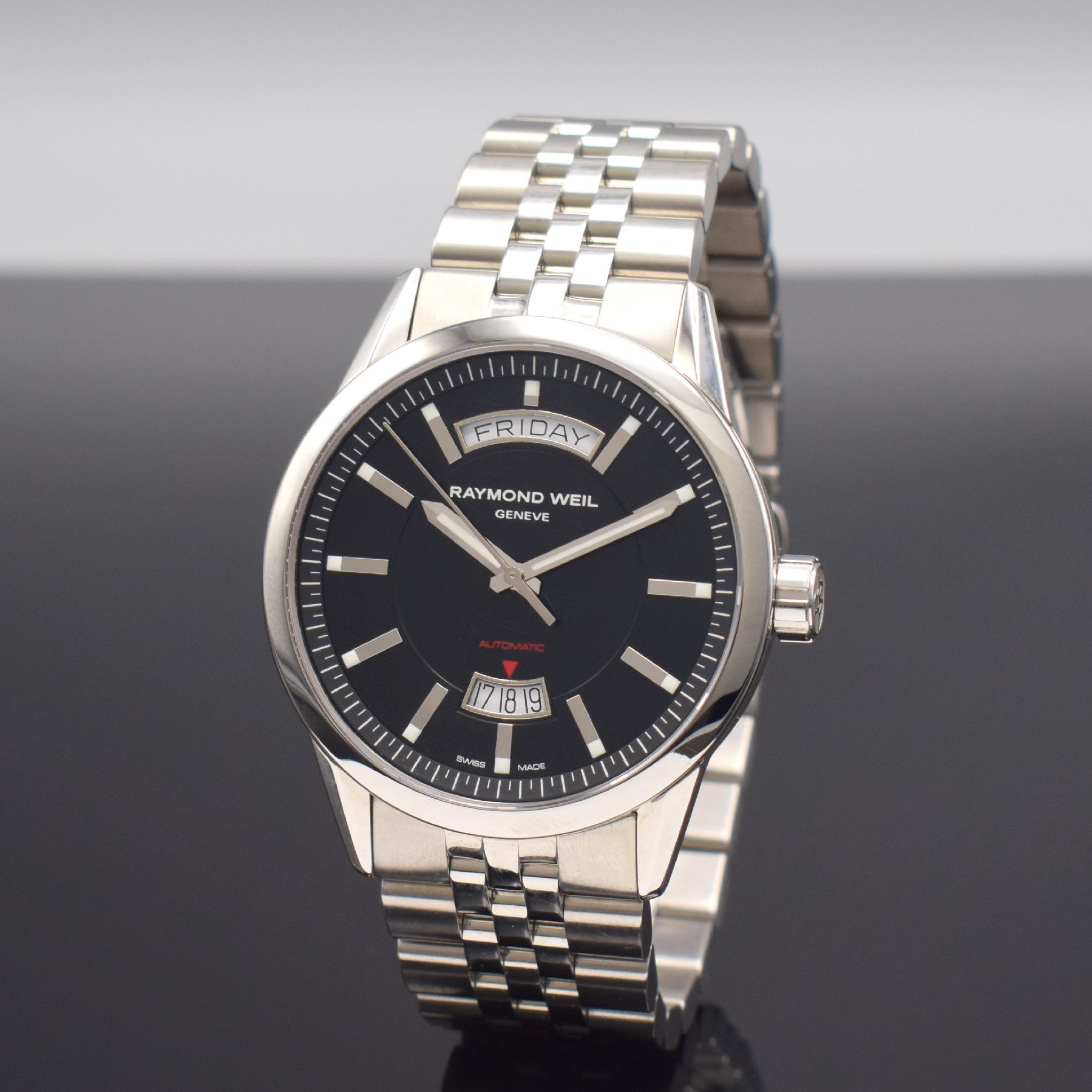 RAYMOND WEIL Freelancer Herrenarmbanduhr in Stahl, Automatik, Ref. 2720, beids. vergl. Geh., Boden 4-fach verschr., orig. Gliederband m. dopp. ...