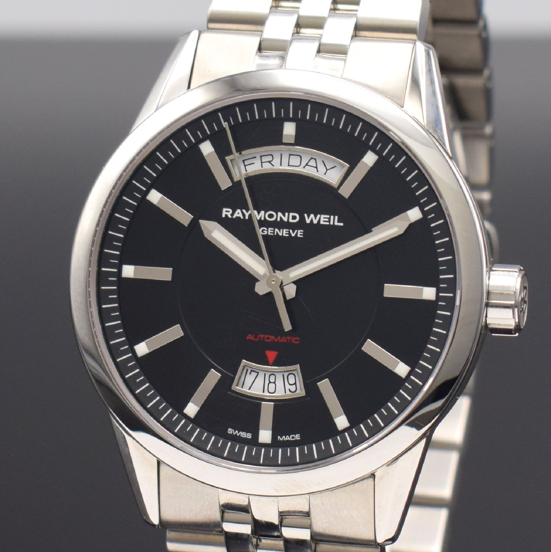 Detail a: RAYMOND WEIL Freelancer Herrenarmbanduhr in Stahl, Automatik, Ref. 2720, beids. vergl. Geh., Boden 4-fach verschr., orig. Gliederband m. dopp. ...