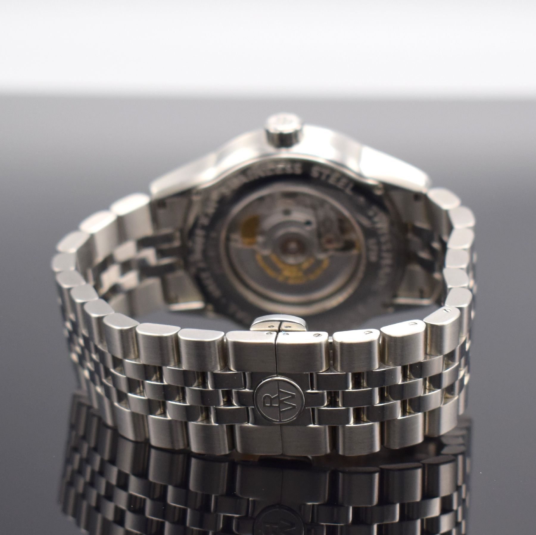 Detail d: RAYMOND WEIL Freelancer Herrenarmbanduhr in Stahl, Automatik, Ref. 2720, beids. vergl. Geh., Boden 4-fach verschr., orig. Gliederband m. dopp. ...