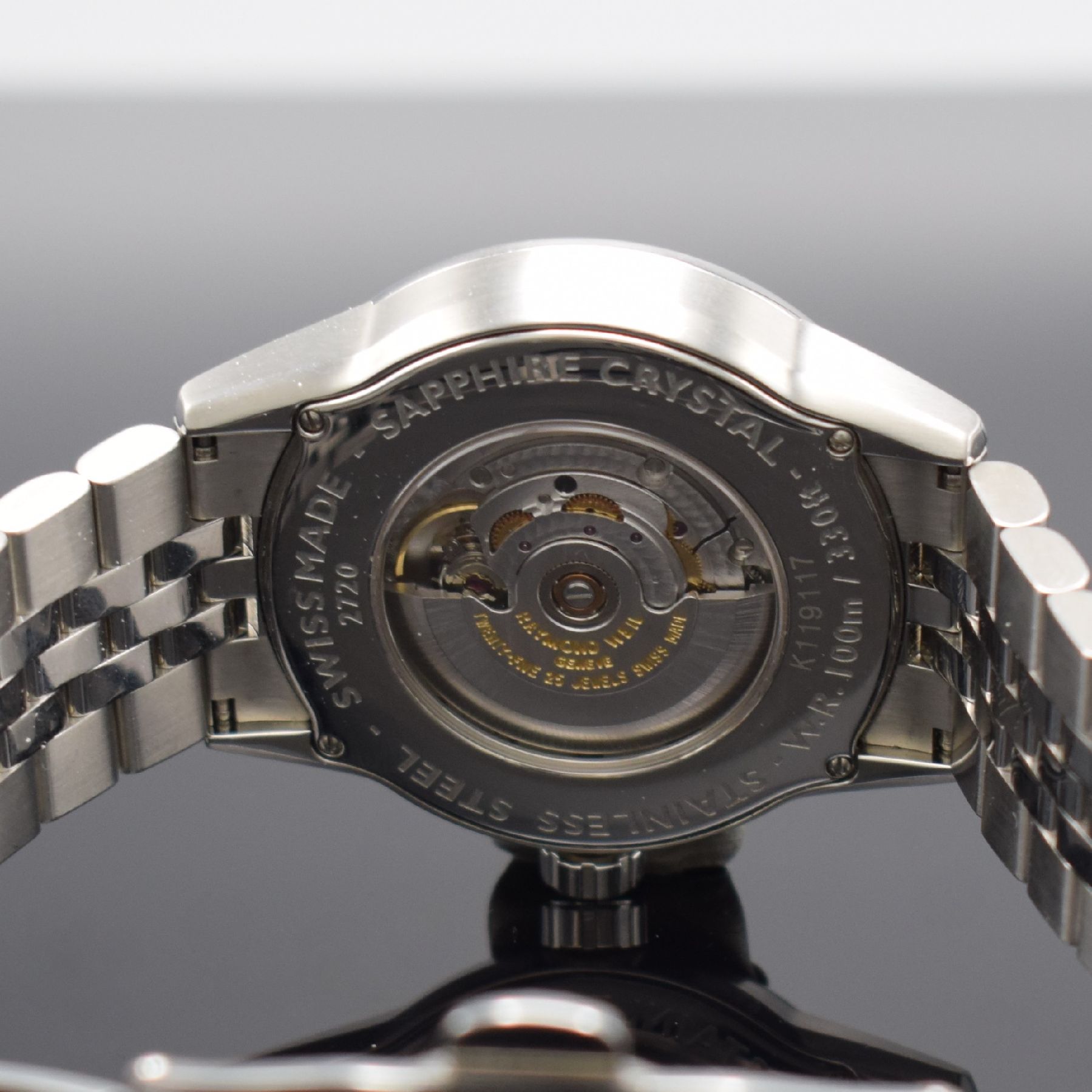Detail g: RAYMOND WEIL Freelancer Herrenarmbanduhr in Stahl, Automatik, Ref. 2720, beids. vergl. Geh., Boden 4-fach verschr., orig. Gliederband m. dopp. ...