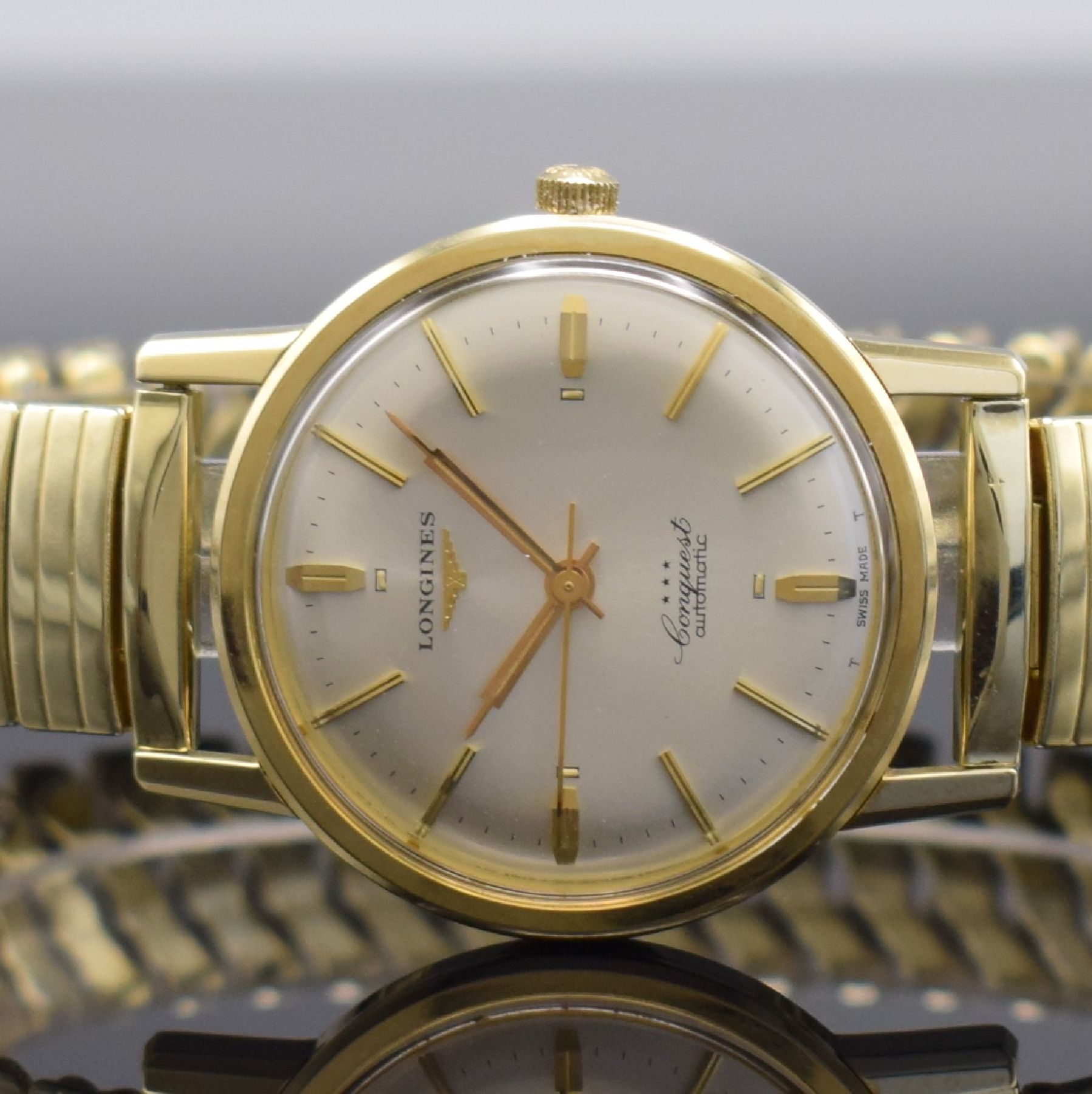 Detail a: LONGINES Conquest Ref. 9022 Herrenarmbanduhr, Schweiz um 1966, Automatik, 3-teil. Stahlgeh. m. Goldhaube, verschr. Stahlboden m.Goldplakette, orig. ...