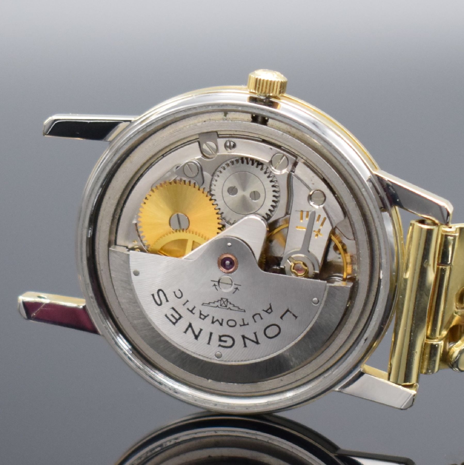 Detail g: LONGINES Conquest Ref. 9022 Herrenarmbanduhr, Schweiz um 1966, Automatik, 3-teil. Stahlgeh. m. Goldhaube, verschr. Stahlboden m.Goldplakette, orig. ...