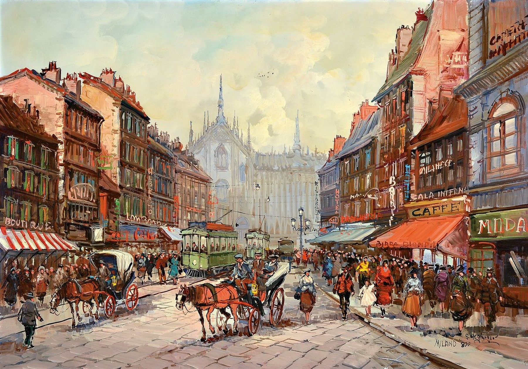 Guglielmo de Giorgio, 1934-1994, italienischer Künstler, "Milano 800", belebte Mailänder Straßenszene mit Blick auf den Mailänder Dom, ...