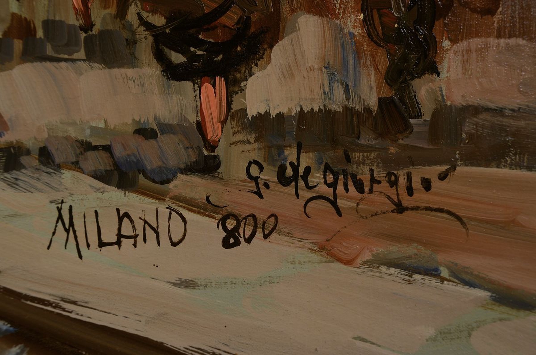 Detail a: Guglielmo de Giorgio, 1934-1994, italienischer Künstler, "Milano 800", belebte Mailänder Straßenszene mit Blick auf den Mailänder Dom, ...