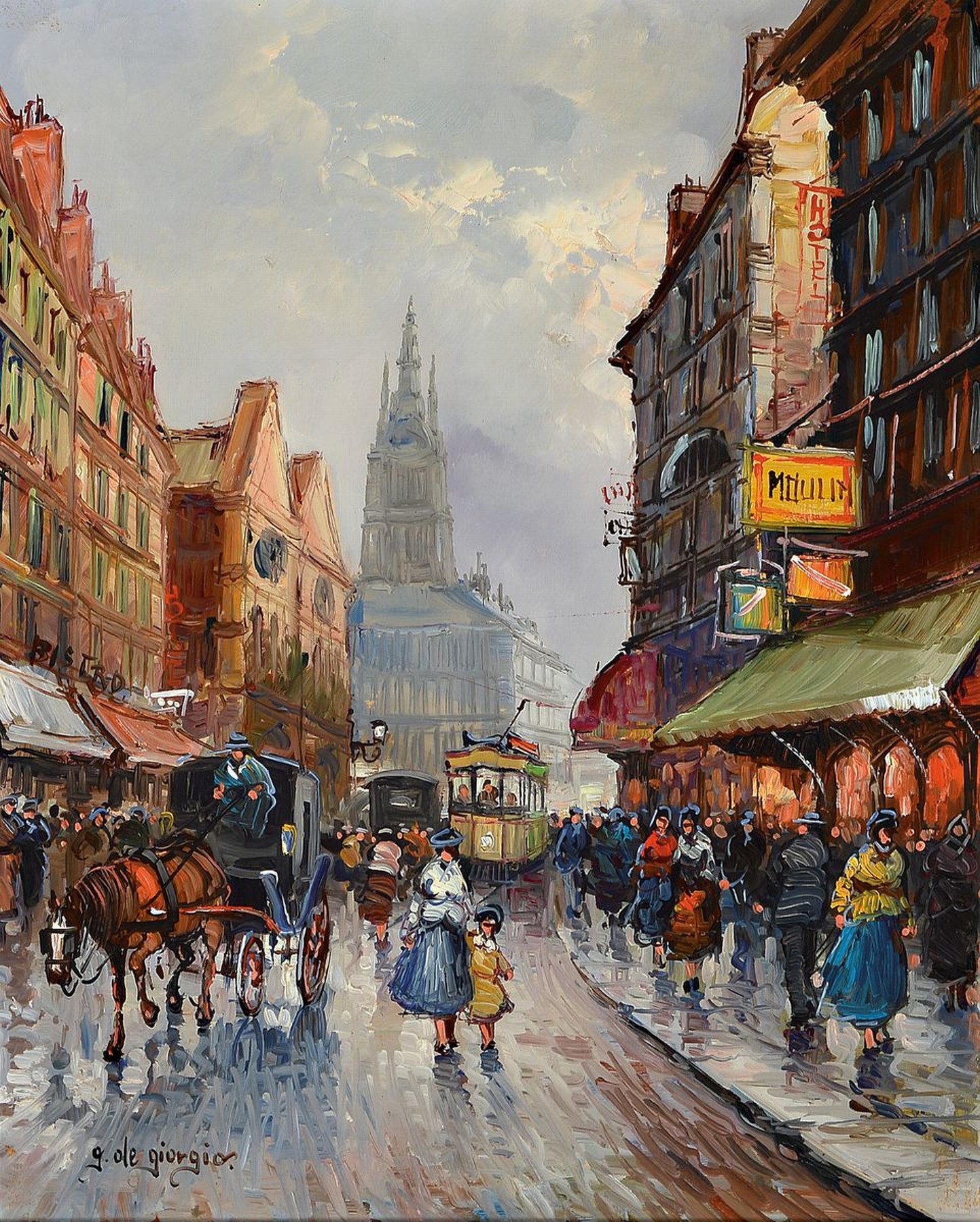 Guglielmo de Giorgio, 1934-1994, italienischer Künstler, belebte Straßenszene, wohl Brügge mit Blick auf die Liebfrauenkirche, links unten ...