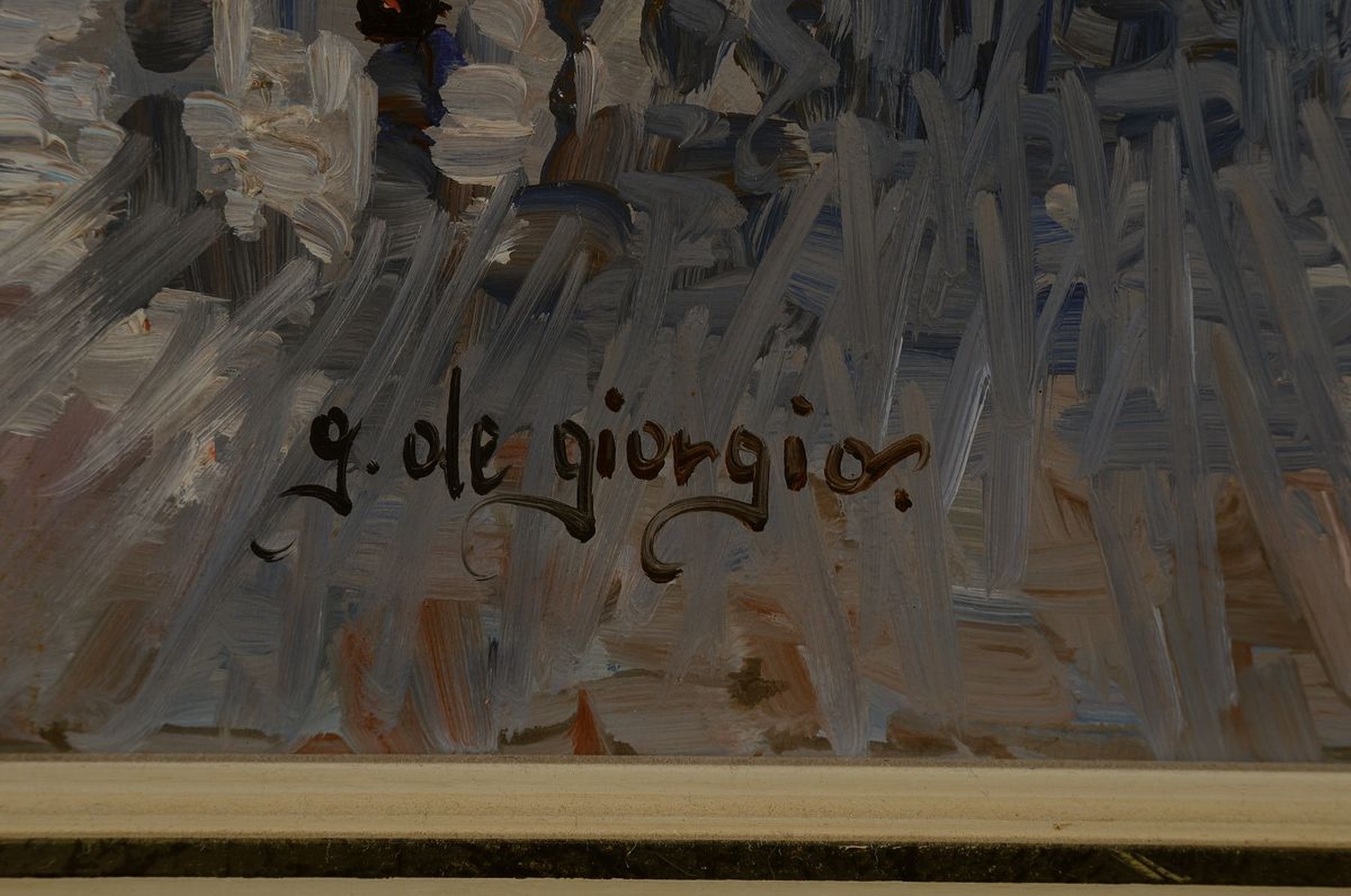 Detail a: Guglielmo de Giorgio, 1934-1994, italienischer Künstler, belebte Straßenszene, wohl Brügge mit Blick auf die Liebfrauenkirche, links unten ...
